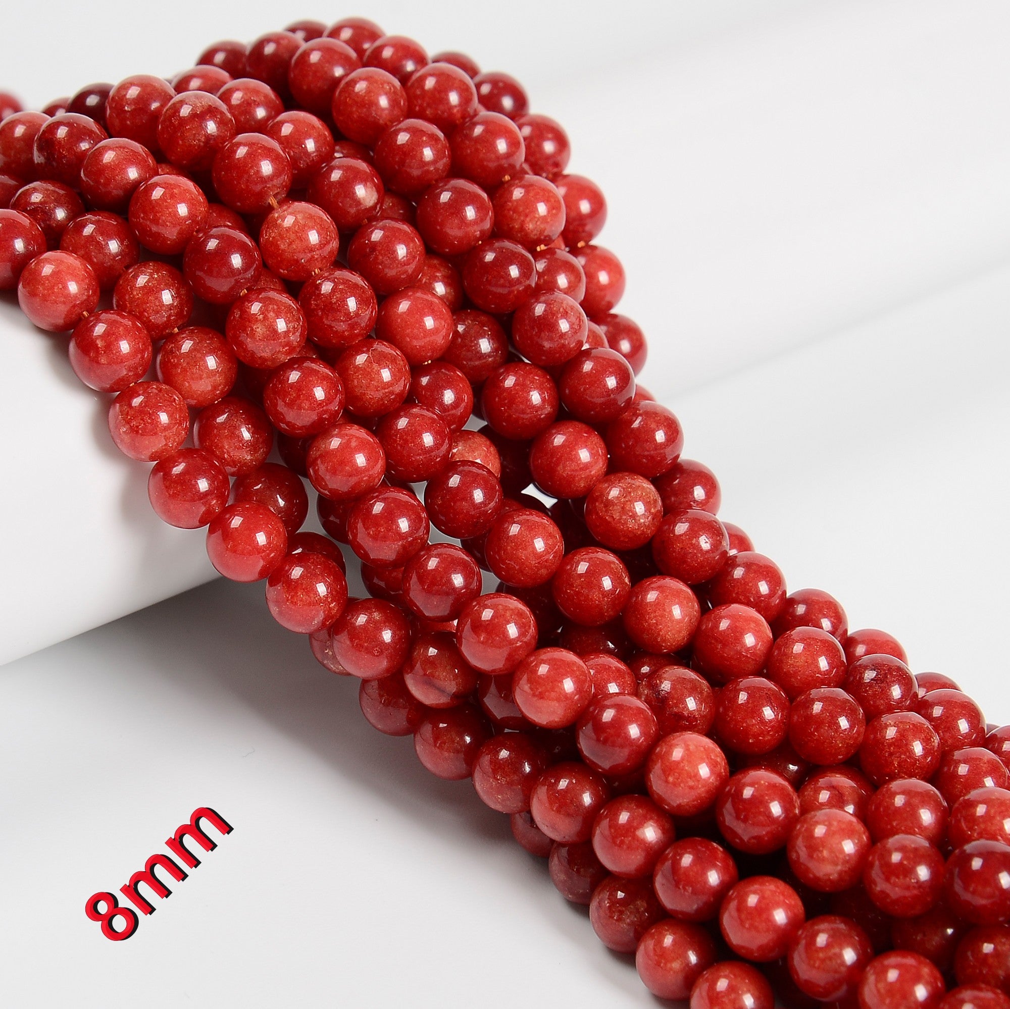 Natural Coral Red Dyed Jade Smooth Round Beads - 6mm, 8mm, 10mm Sizes - 15.5