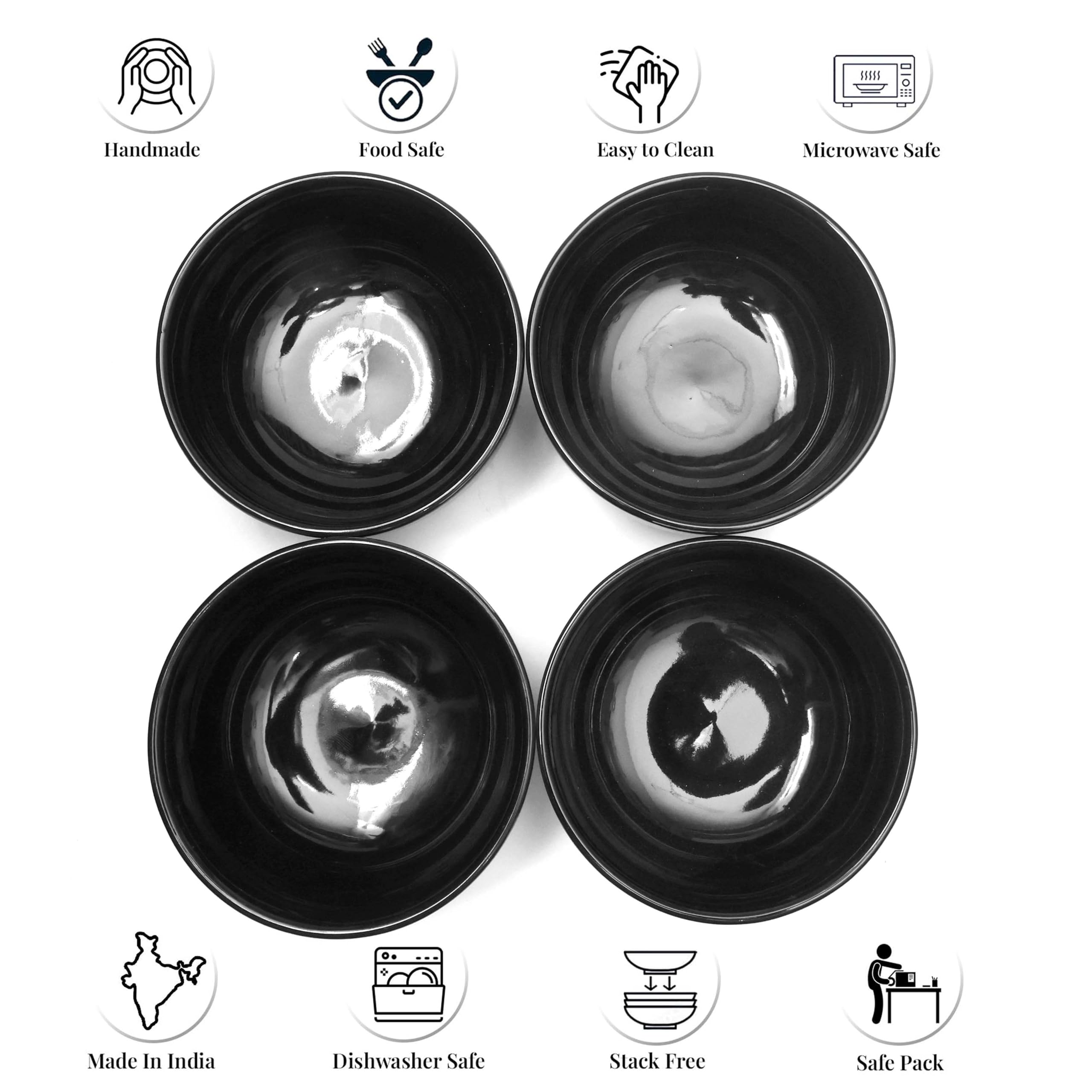 Lead-Free Peri-Clean Ceramic Soup Bowls Set of 2 (200ml, Black) - Pure Source India - Perfect for Soups, Salads & Desserts
