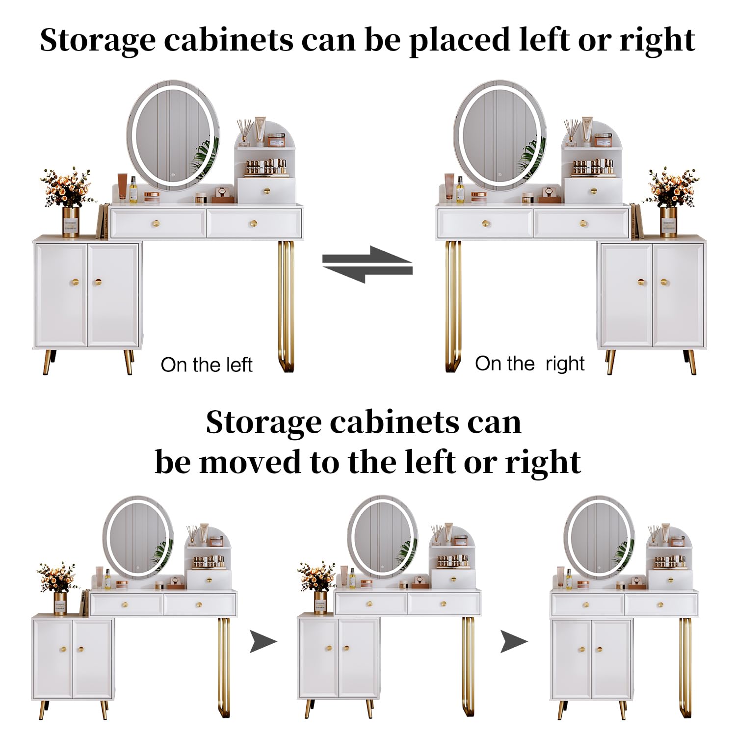 White Vanity Desk with Mirror and Lights - Small Makeup Vanity Table with 2 Spacious Drawers & Adjustable Cabinet - Modern Dressing Table for Bedroom, Makeup Room, Home Office or Writing Desk - Perfect for Cosmetics Storage & Daily Beauty Routine