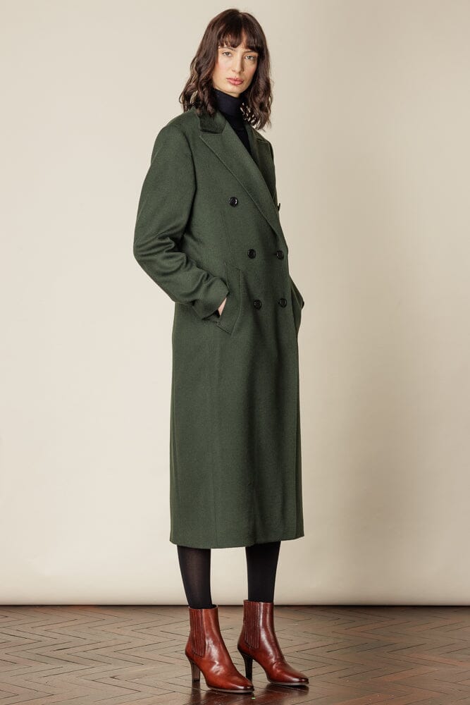 Stylish RTW Long 6-Button Double Breasted Wool Peacoat in Olive Green | Perfect for Fall & Winter Fashion | Office Wear & Casual Outings