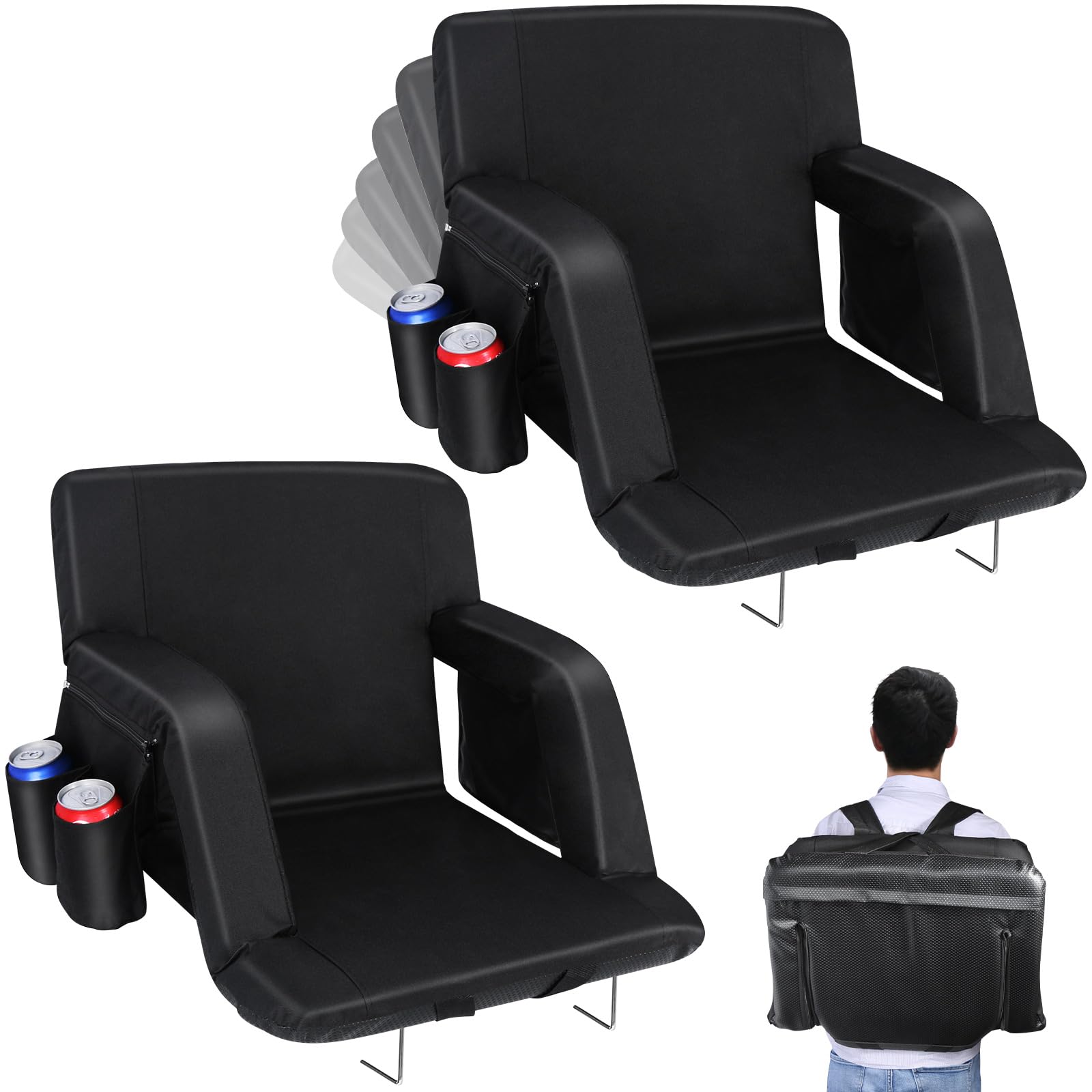 2 Pack Folding Stadium Seats with Back Support & Cushion - Wide Bleacher Chairs with 6 Reclining Positions, Armrests & Cup Holder - Perfect for Outdoor Sports, Beach, Concerts & Bleacher Events