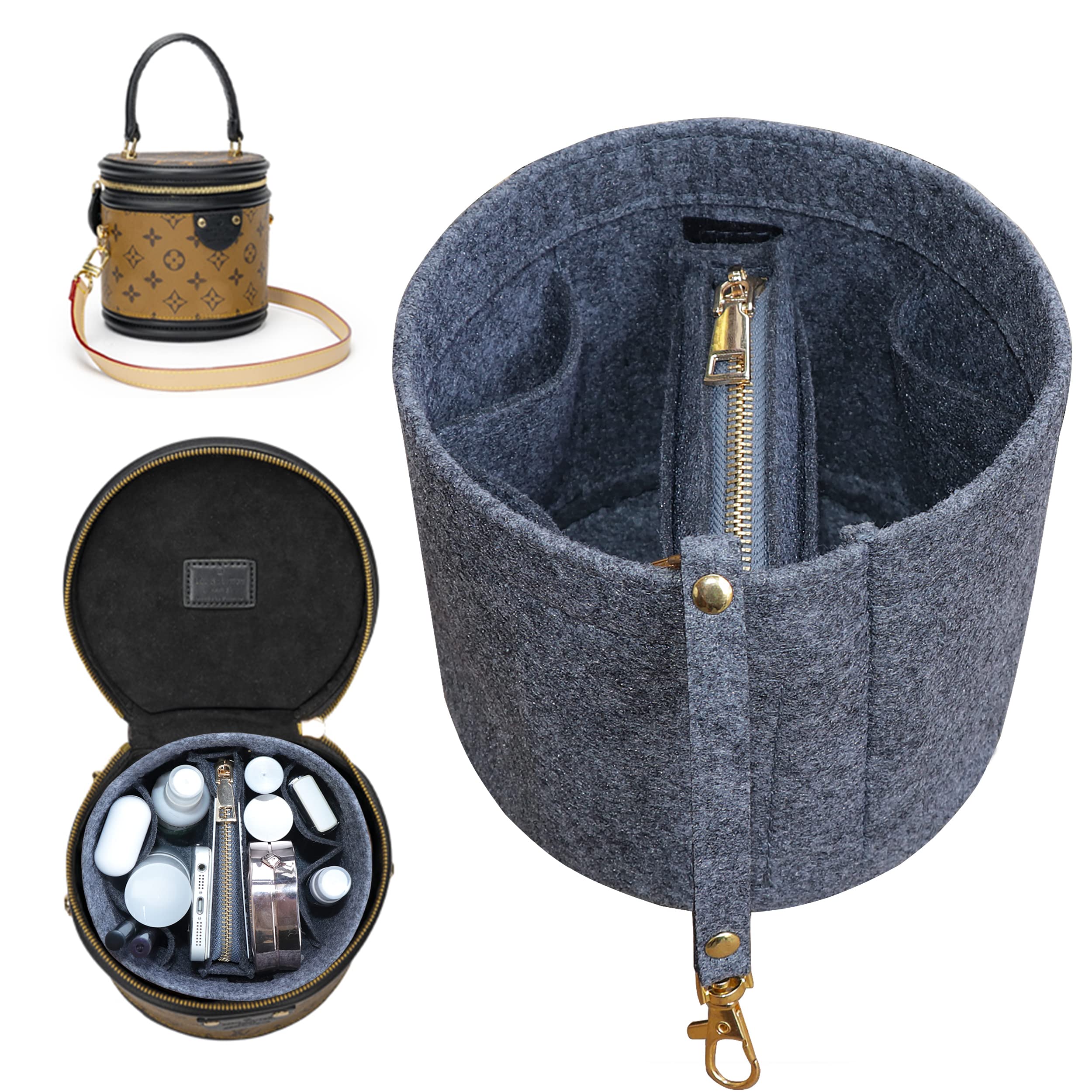 Soyizom Felt Cylinder Bucket Bag Organizer Insert with Detachable Pouch & Keychains - Perfect for Barrel Shaped Purses, Handbags, Travel & Daily Use (Grey)