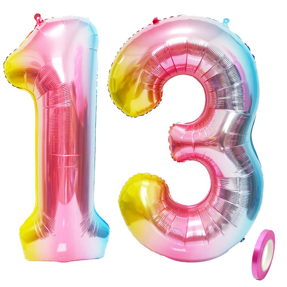 40 Inch Large Foil Mylar Balloons - Rainbow Number 13 Balloons for Birthday Party Decorations | Giant Jumbo Balloons for Birthdays, Anniversaries & Special Events | Party Supplies & Celebration Decor