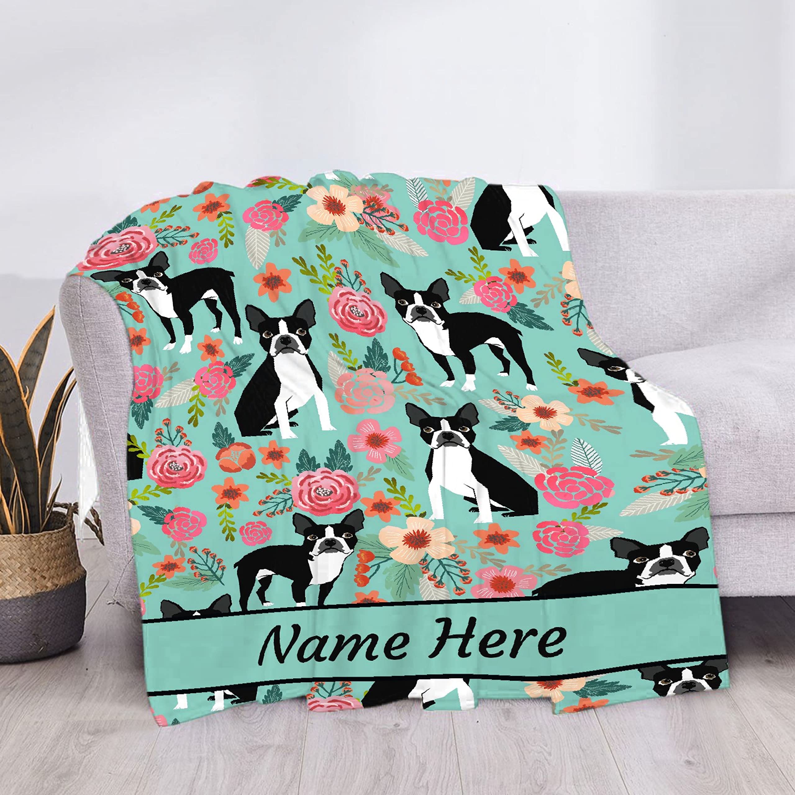 Custom Personalized Dog Blanket with Name - Soft Cozy Fleece French Bulldog Pet Blanket for Dog Lovers | Gift for Women, Men, Kids | Floral Design Throw Blanket for Bed, Sofa, Couch & Travel