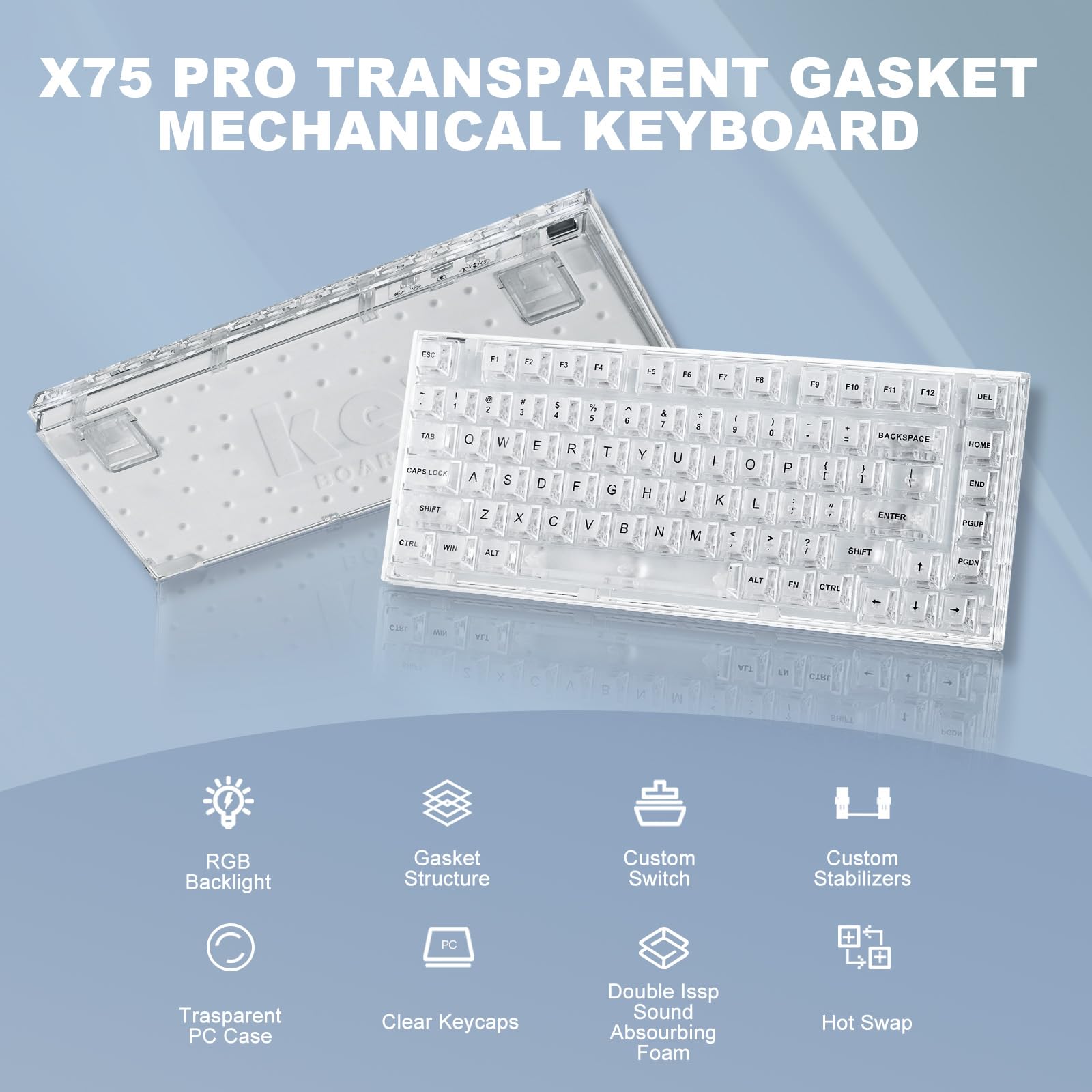 YUNZII X75 PRO 82-Key Wireless Mechanical Gaming Keyboard - Hot Swappable, Gasket Mount, BT5.0/2.4G/USB-C, Transparent Keycaps - Compatible with Windows/Mac (Crystal White Switch, Wireless-White) | Perfect for Gaming, Typing & Office Work