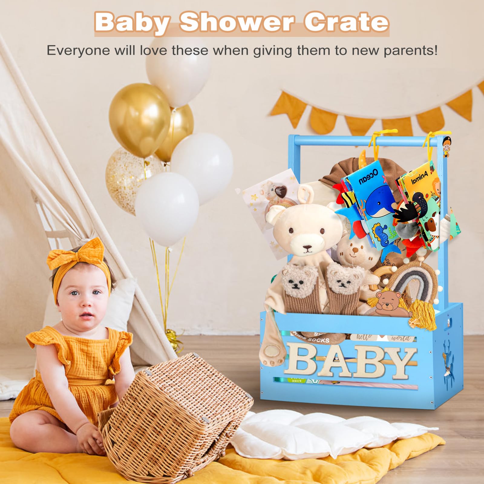 Wooden Baby Shower Storage Crate with Handle - Blue Nursery Organizer for Newborn Boys & Girls | Perfect Baby Shower Gift for New Parents | Nursery Storage, Toy Organizer & Closet Decor