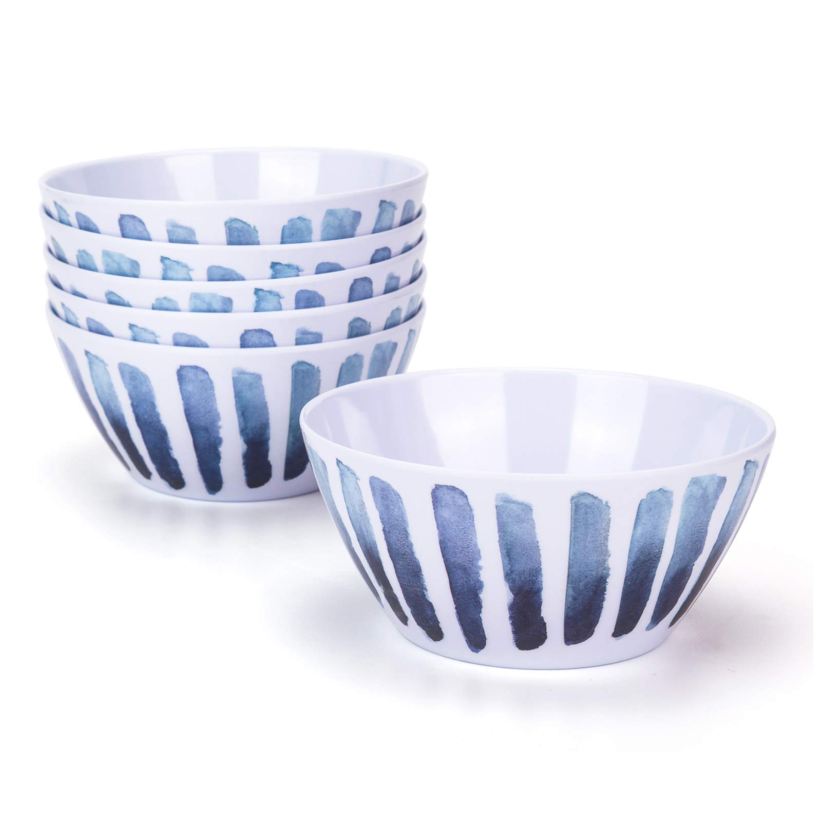 KX-WARE 6-Inch Blue Stripe Melamine Bowls - Set of 6, Durable 100% Melamine Dishware for Cereal, Soup, Salad & Desserts - Perfect for Indoor, Outdoor Dining, Picnics & Party Serving