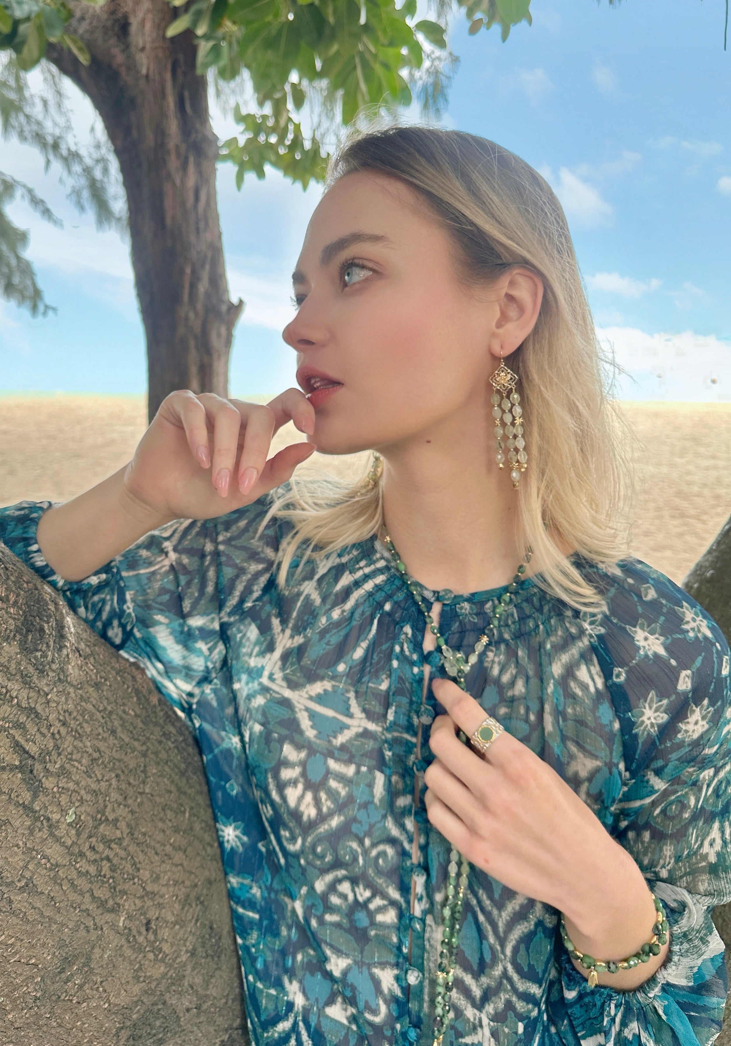 Bohemian Flower Frame Earrings with Prehnite Beaded Tassel - Handmade Boho Jewelry for Women - Perfect for Festivals, Weddings & Everyday Wear LE033