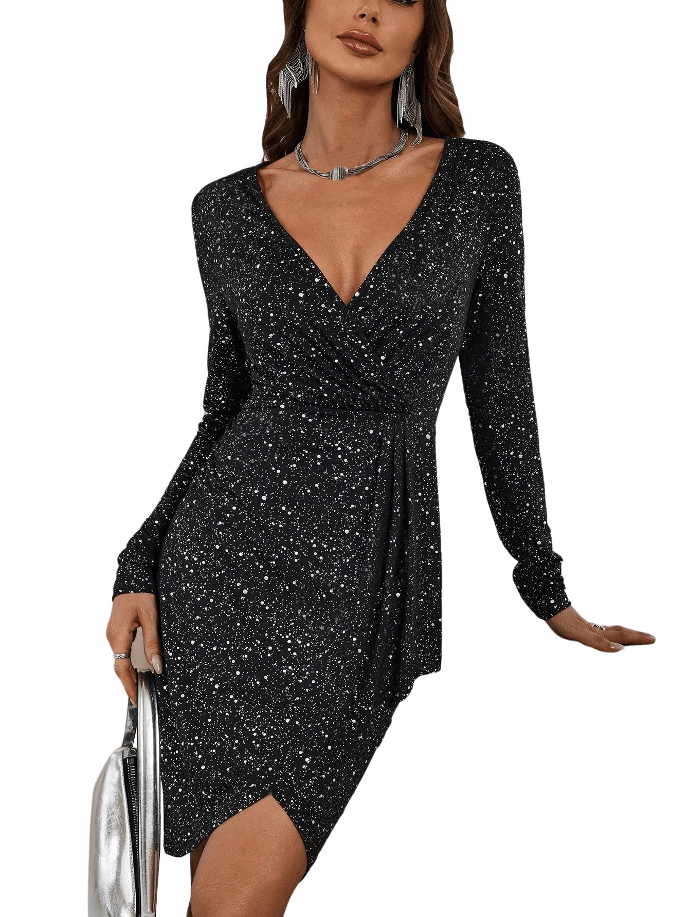 Floerns Women's Sparkly Wrap Clubwear V Neck Long Sleeve Bodycon Midi Dress - Perfect for Night Out, Party, Date Night & Special Occasions