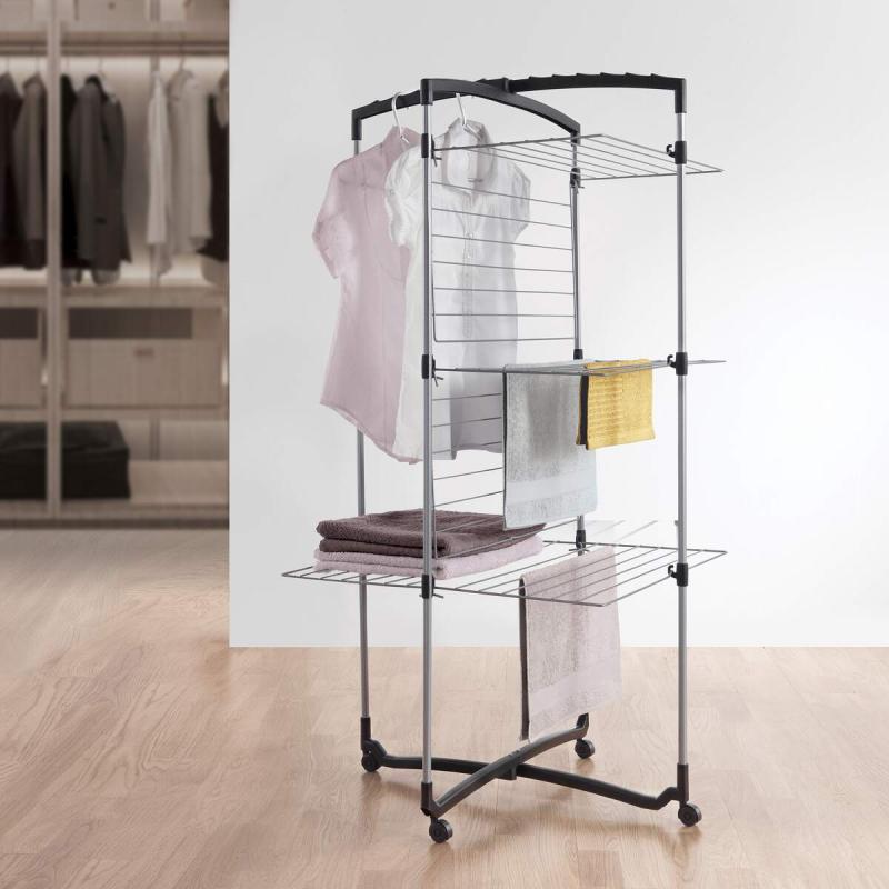 3-Tier Silver Metal Laundry Drying Rack - Space Saving Clothes Airer for Apartments, Dorms & Small Spaces - Foldable Garment Organizer for Indoor/Outdoor Use