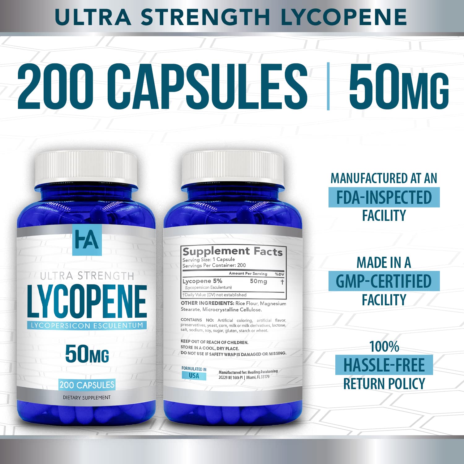 Healing Awakening Lycopene 50mg - 200 Vegetarian Capsules | Non-GMO, Gluten Free Supplement for Heart & Skin Health | Supports Antioxidant Protection & Cellular Health - Perfect for Daily Wellness Routine & Anti-Aging Care