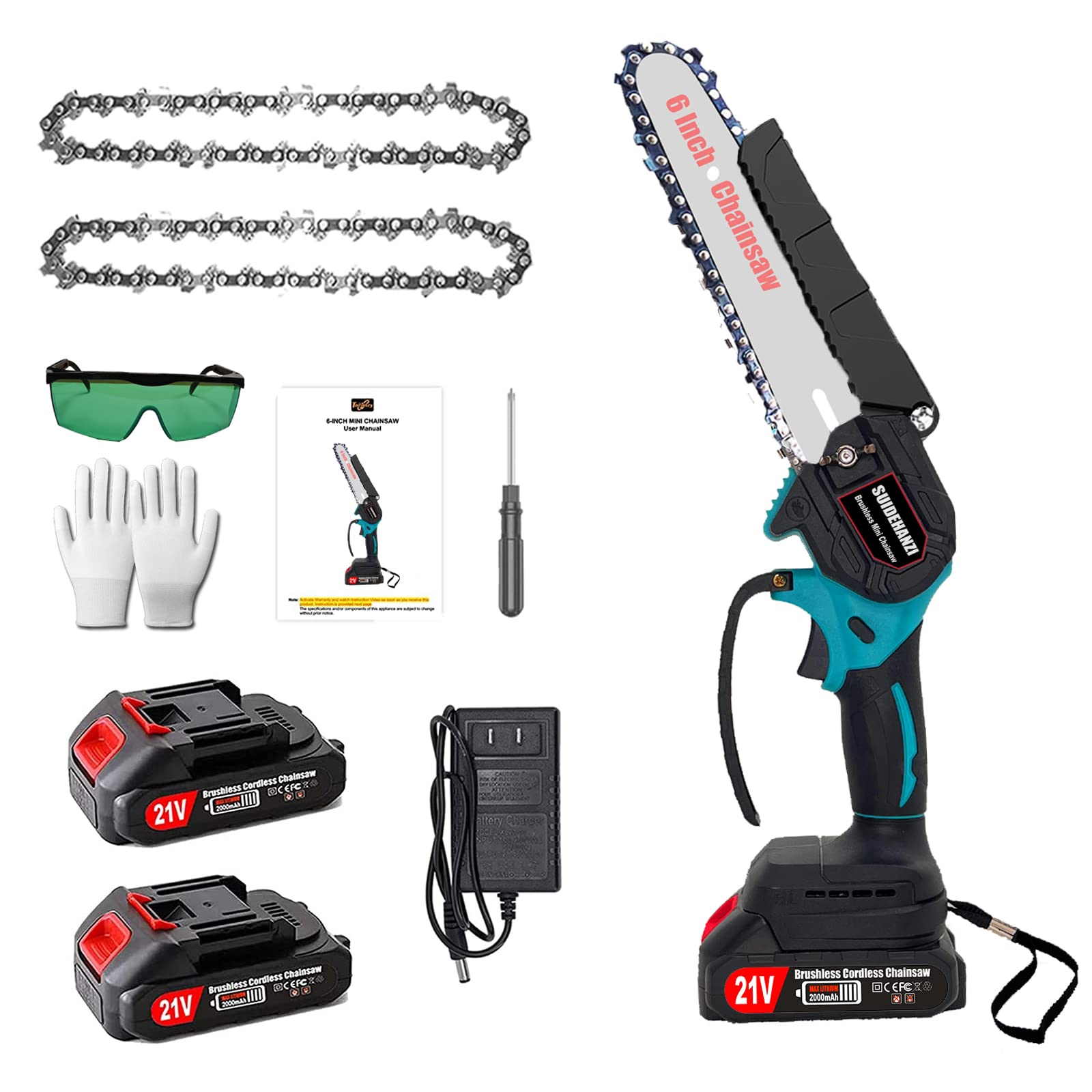 6 Inch Mini Chainsaw Cordless Electric - 21V 2000mAh Battery Powered with 2 Chains & Brushless Motor | Handheld Chainsaw for Wood Cutting, Tree Trimming, Gardening & DIY Projects