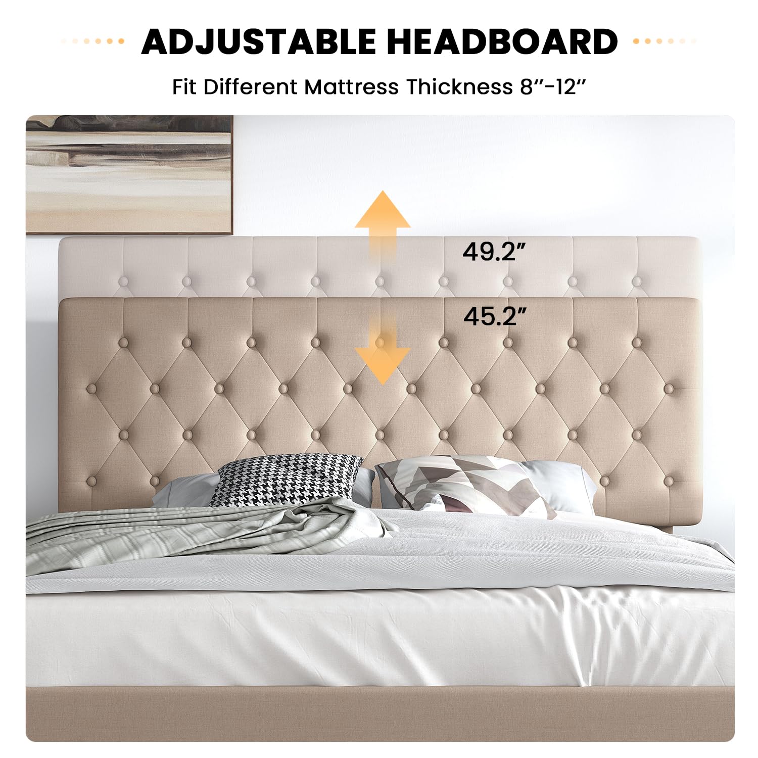 SHA CERLIN King Size Bed Frame with Button Tufted Headboard - Upholstered Fabric Platform Bed with Wooden Slats, No Box Spring Required, Beige - Perfect for Master Bedroom, Guest Room & Modern Home Decor