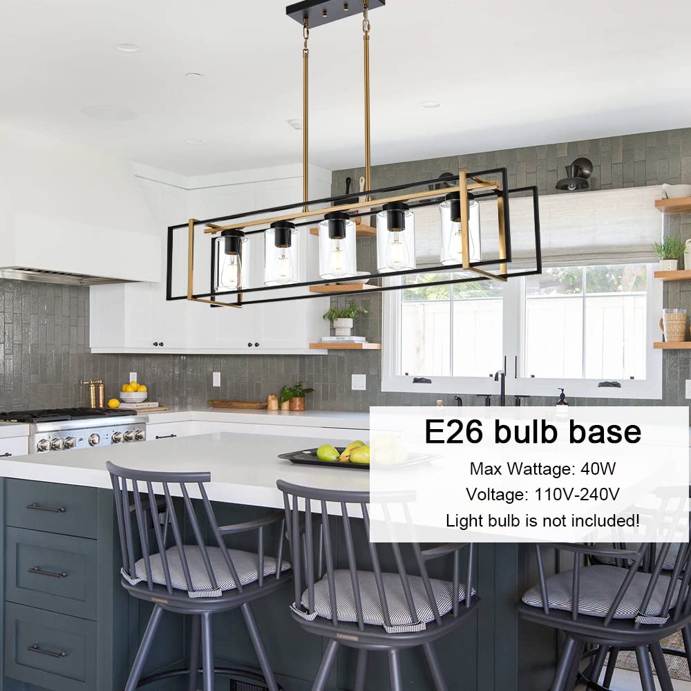 5-Light Farmhouse Chandelier Black Brass Rectangular Pendant Light with Clear Glass Shades - Rustic Island Lighting for Dining Room, Kitchen, Bar & Restaurant Decor