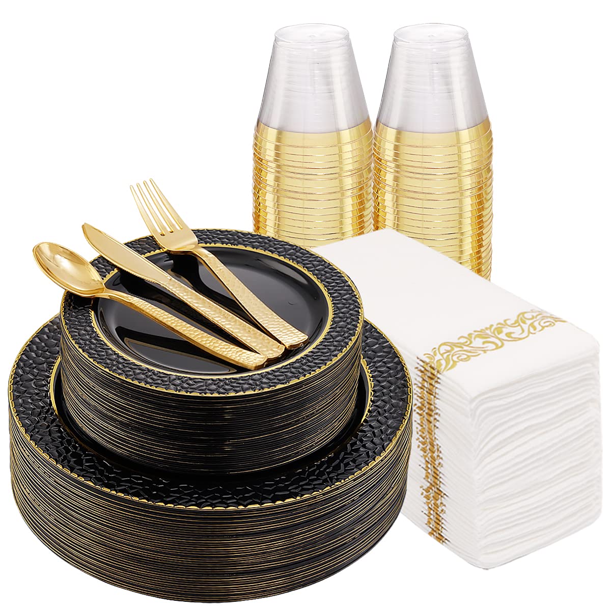 FLOWERCAT 175-Piece Black Plastic Plates with Gold Rim, Black & Gold Disposable Plates & Gold Plastic Silverware Set - Elegant Dinnerware for Weddings, Parties, Anniversaries, New Year's Eve & Holiday Celebrations