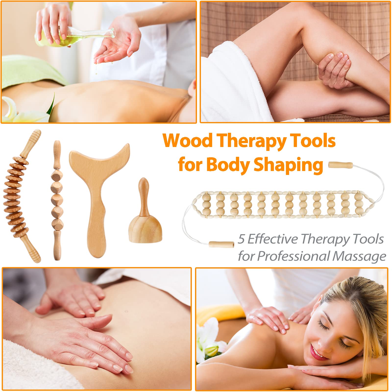 5 in 1 Wood Therapy Massage Tools Set - Maderoterapia Kit for Body Shaping & Lymphatic Drainage - Anti-Cellulite Wooden Massage Roller & Body Sculpting Tools - Perfect for Home Spa, Post-Workout Recovery & Professional Therapy Sessions