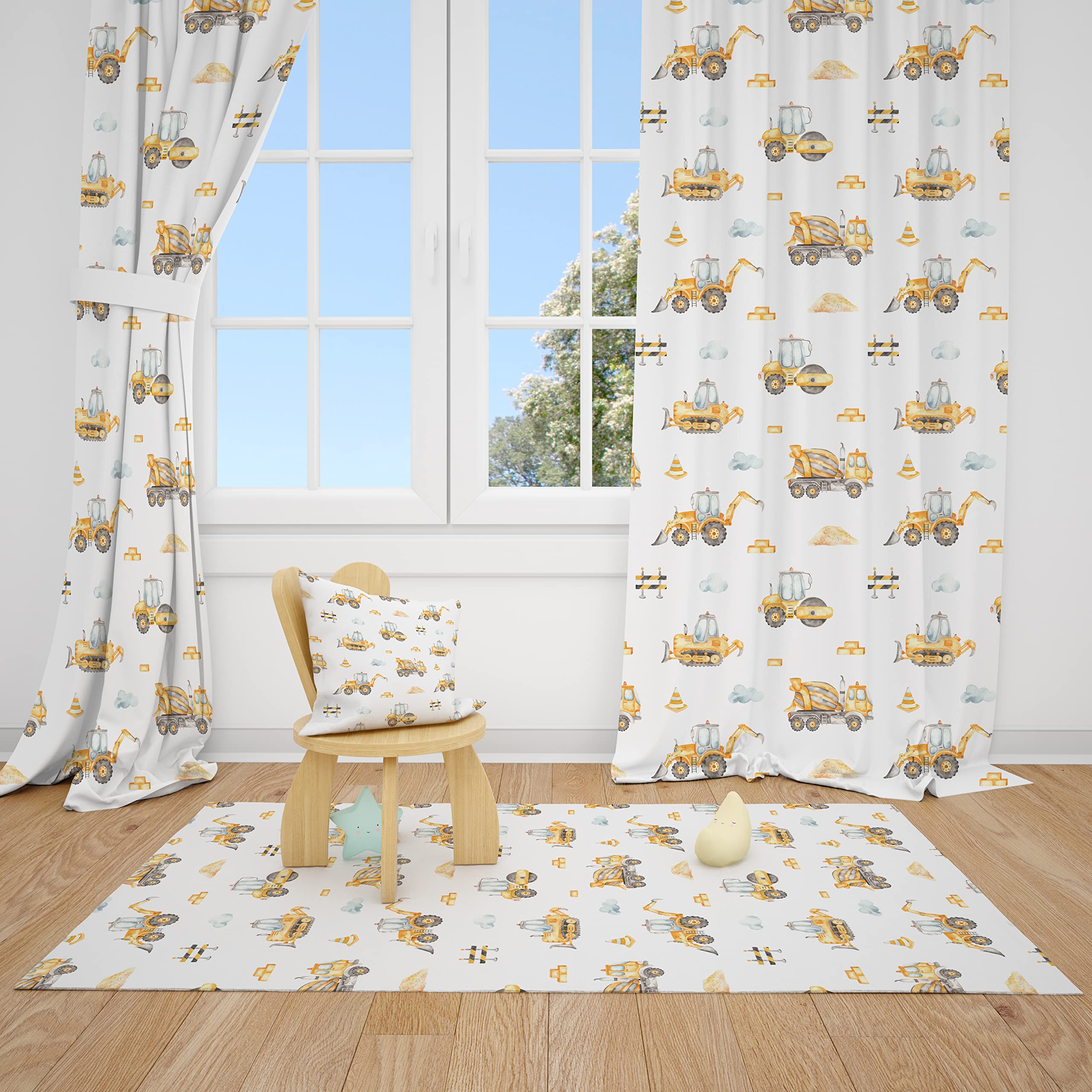 Construction Truck Watercolor Curtains for Nursery & Kids Room - Pair of 28x63 Inch Window Drapes with Playful Vehicle Designs - Perfect for Baby Boy's Bedroom, Playroom or Daycare Decor