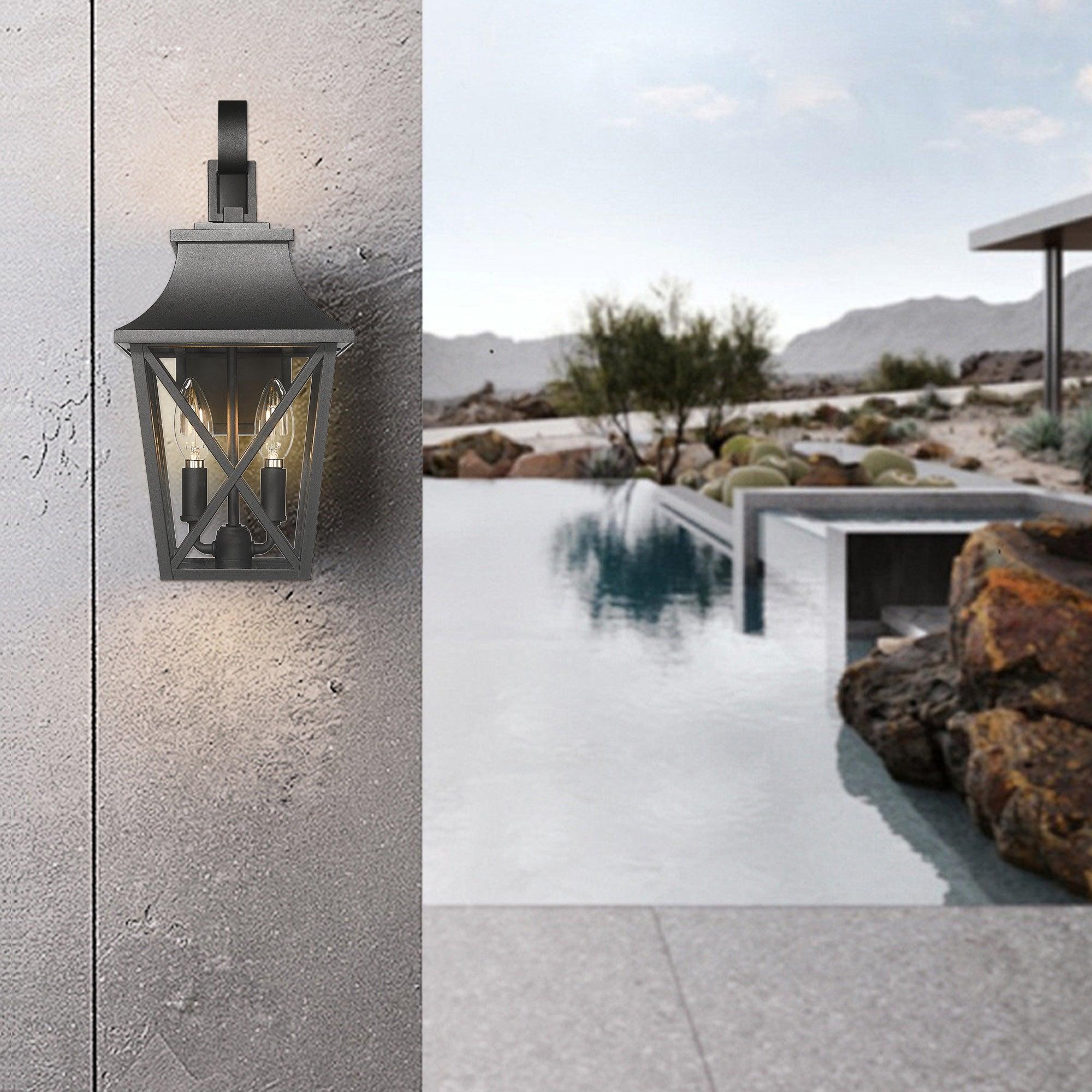 Black Outdoor Wall Lantern - 2 Light Modern Industrial Wall Sconce with Glass Shade, Waterproof Farmhouse Porch Lighting Fixture (1 Pack) - Perfect for Patio, Garden, Entryway and Exterior Home Decor
