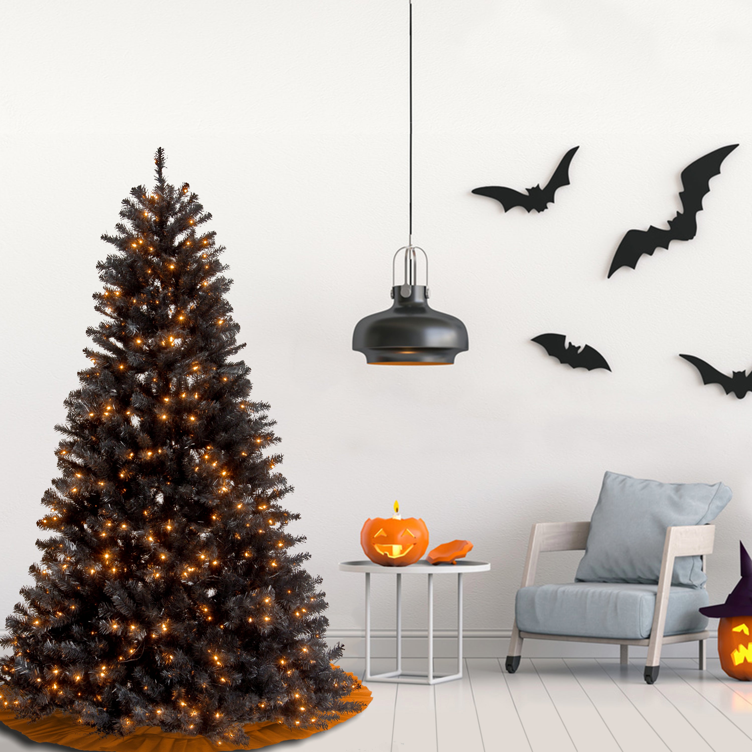 7.5 ft Pre-Lit Halloween Black Spruce Tree with White LED Lights - Perfect for Indoor/Outdoor Holiday Decorations, Parties, and Haunted House Themes