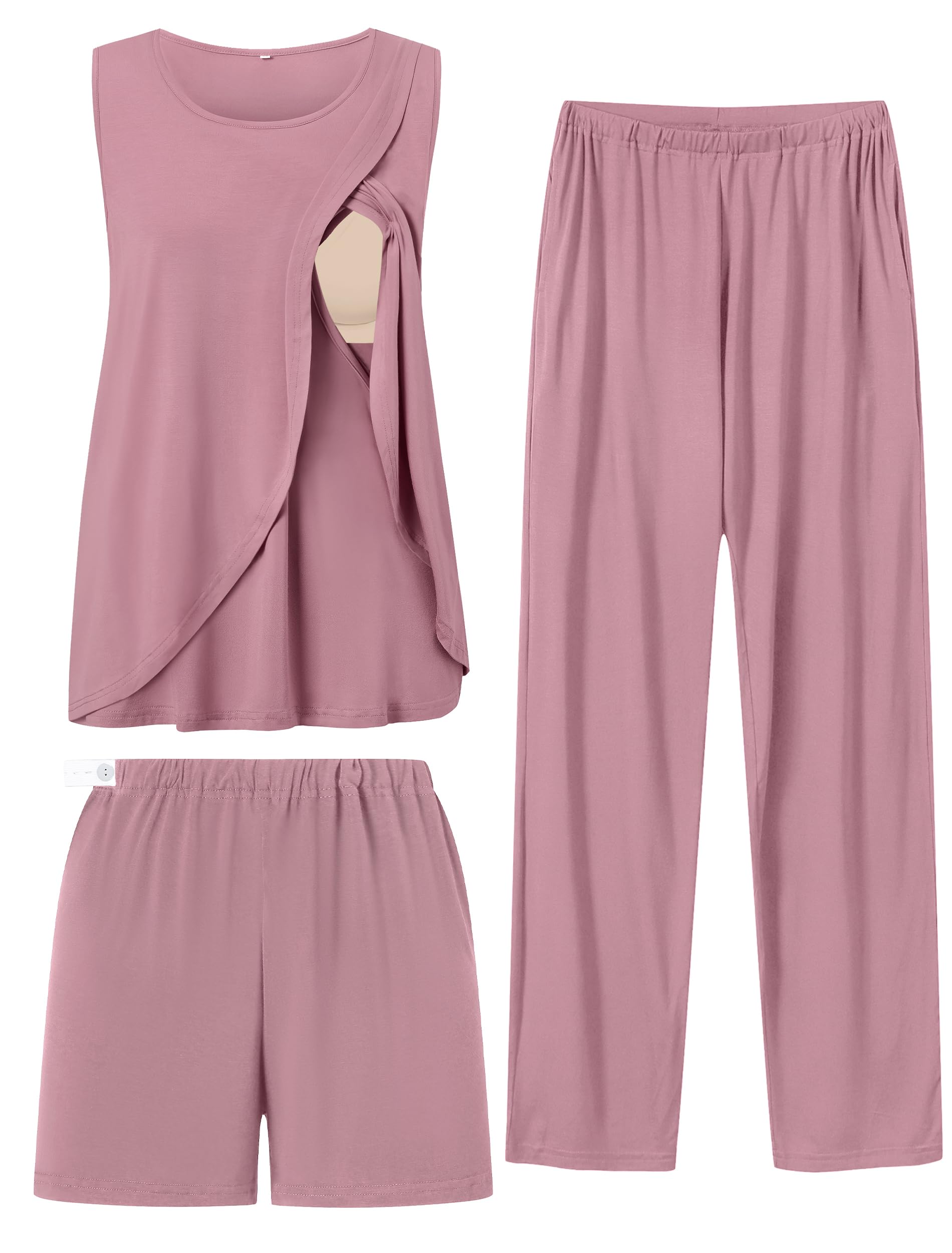 SWOMOG 3-Piece Maternity Pajama Set for Women - Nursing Sleepwear, Sleeveless Breastfeeding Pajamas with Double Layer & Pockets - Perfect for Pregnancy Comfort & Late-Night Feedings