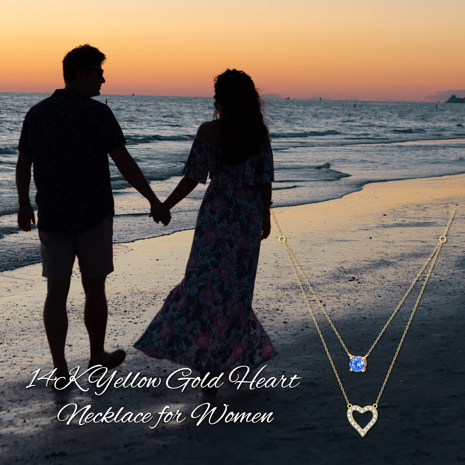 14K Real Gold Heart Necklace for Women - 1 Carat 5A Cubic Zirconia Pendant with Double Chains | Anniversary, Birthday & Valentine's Day Gift for Wife, Girlfriend | Elegant Jewelry for Date Night & Special Occasions