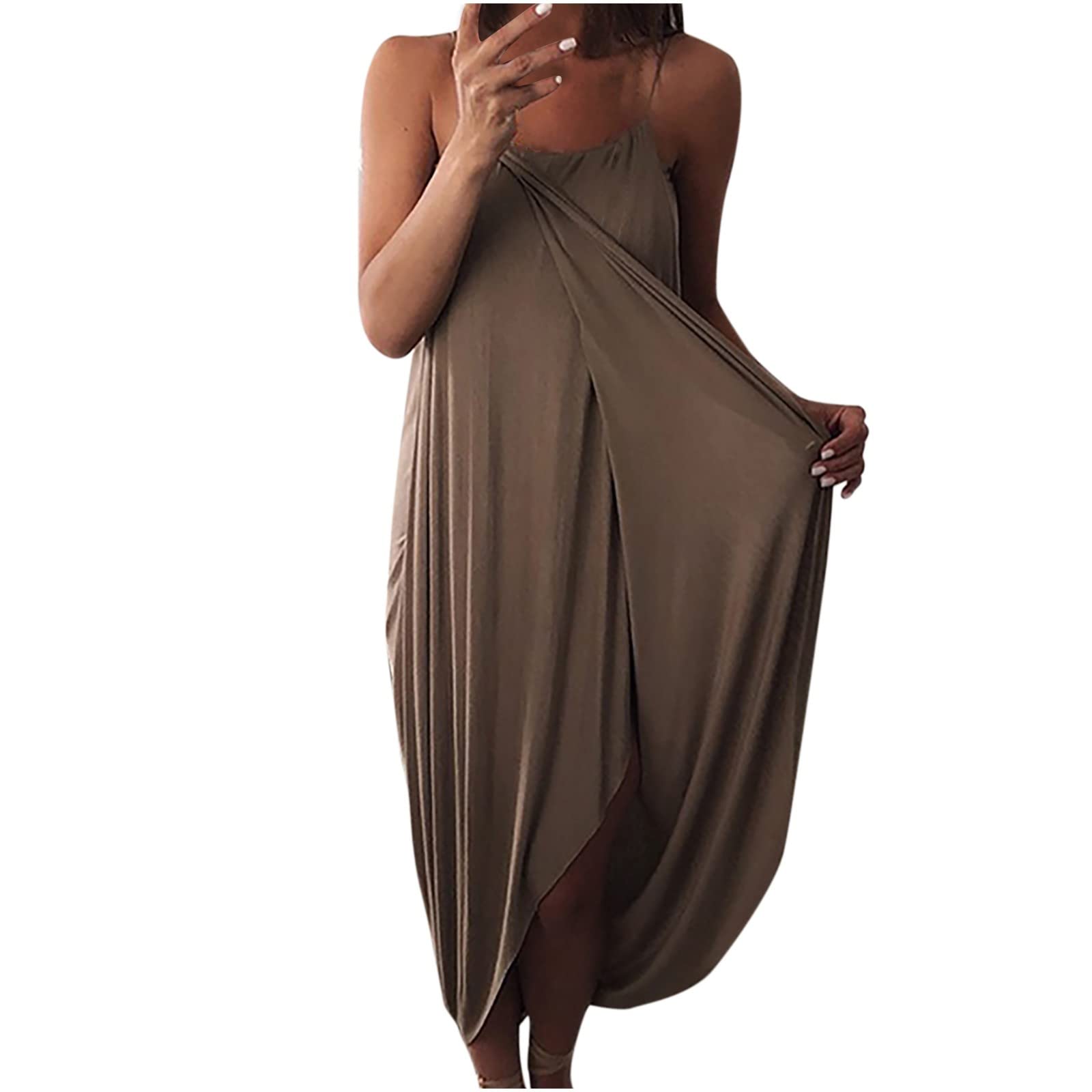 Women's Casual Summer Sleeveless Spaghetti Strap Sun Dress - Asymmetrical Split Loose Beach Midi Dress for Vacation, Pool Party & Outdoor Date Night