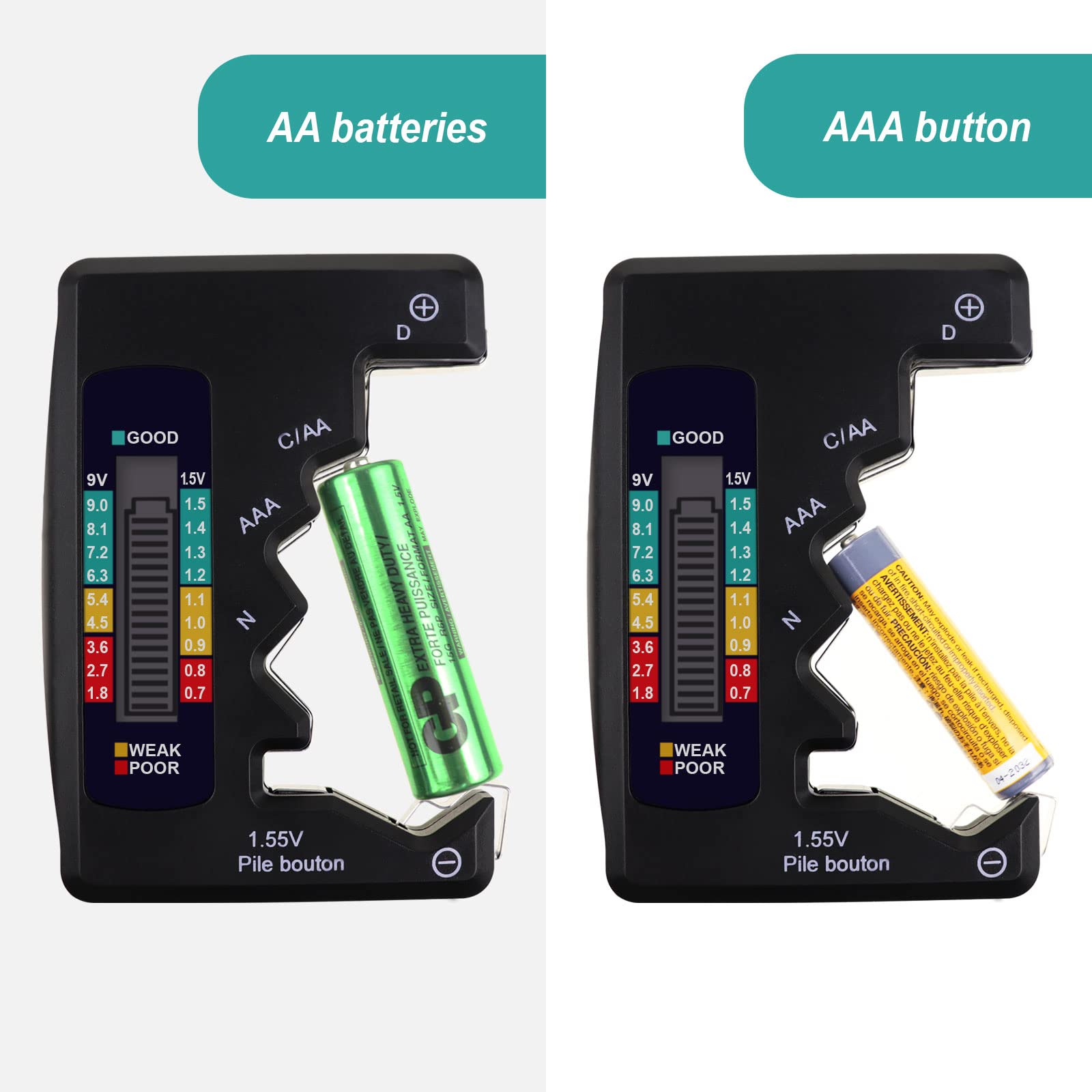 Battery Tester for AA AAA C D 9V 1.5V Button Cell - LCD Display with Clear Bar Graph, Compact Pocket Size - Perfect for Home, Office, and Emergency Kits