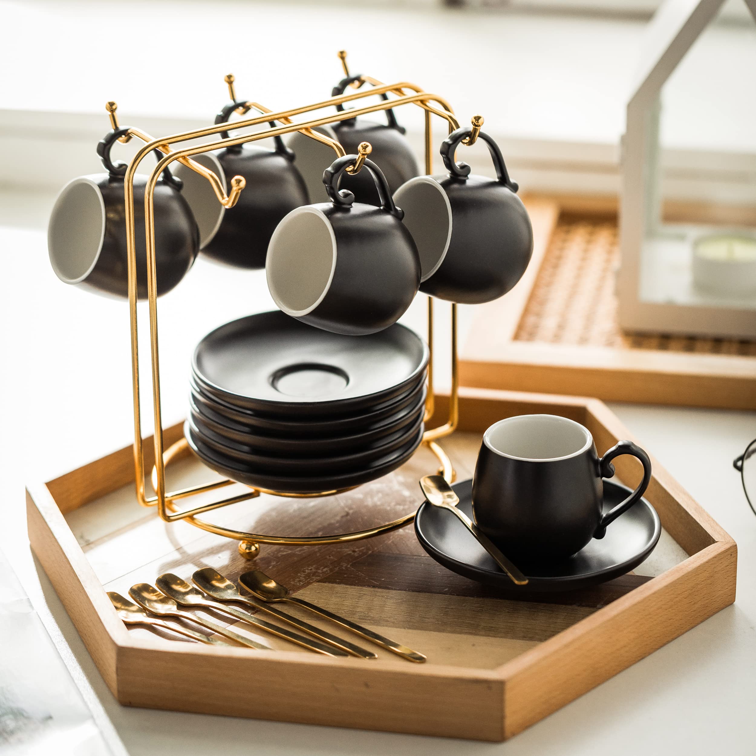LYEOBOH 6-Piece Ceramic Espresso Cups and Saucers Set with Spoons & Metal Stand - 3oz Small Demitasse Coffee Mugs for Cappuccino, Latte, Tea - Perfect for Home Cafes, Coffee Shops & Gifts (Black)