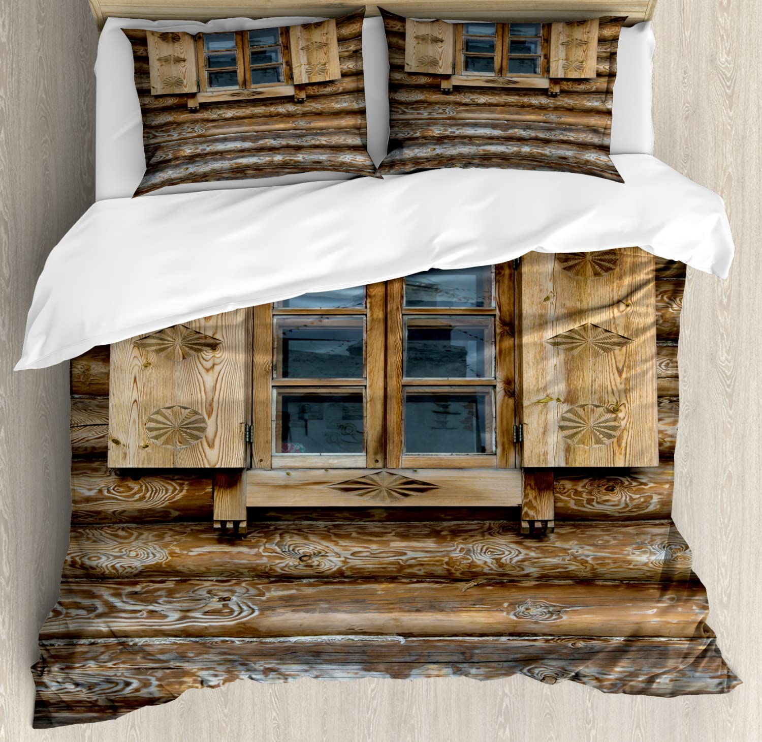 Ambesonne Vintage Wooden Shutters Duvet Cover Set - King Size 2-Pack with 2 Duvet Covers & 4 Pillowcases, Brown Beige Cottage Style Bedding | Perfect for Farmhouse, Rustic, or Coastal Themed Bedrooms