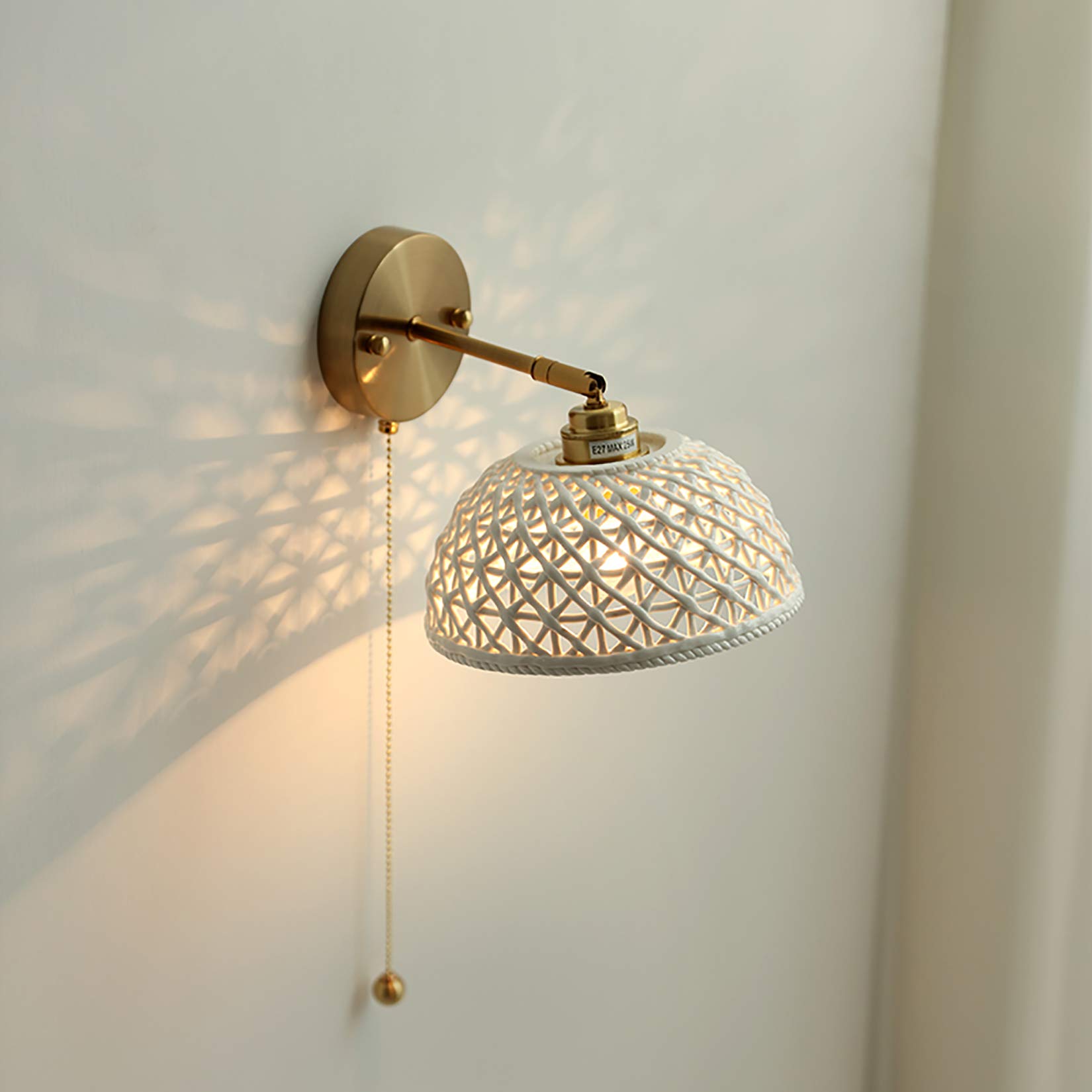 Vintage Ceramic Wall Sconce with Pull Cord Switch - Adjustable Hollow Design Wall Light Fixture for Bedroom, Hallway & Reading | Dimmable Ceramic Shade Lamp for Home Decor and Cozy Ambiance