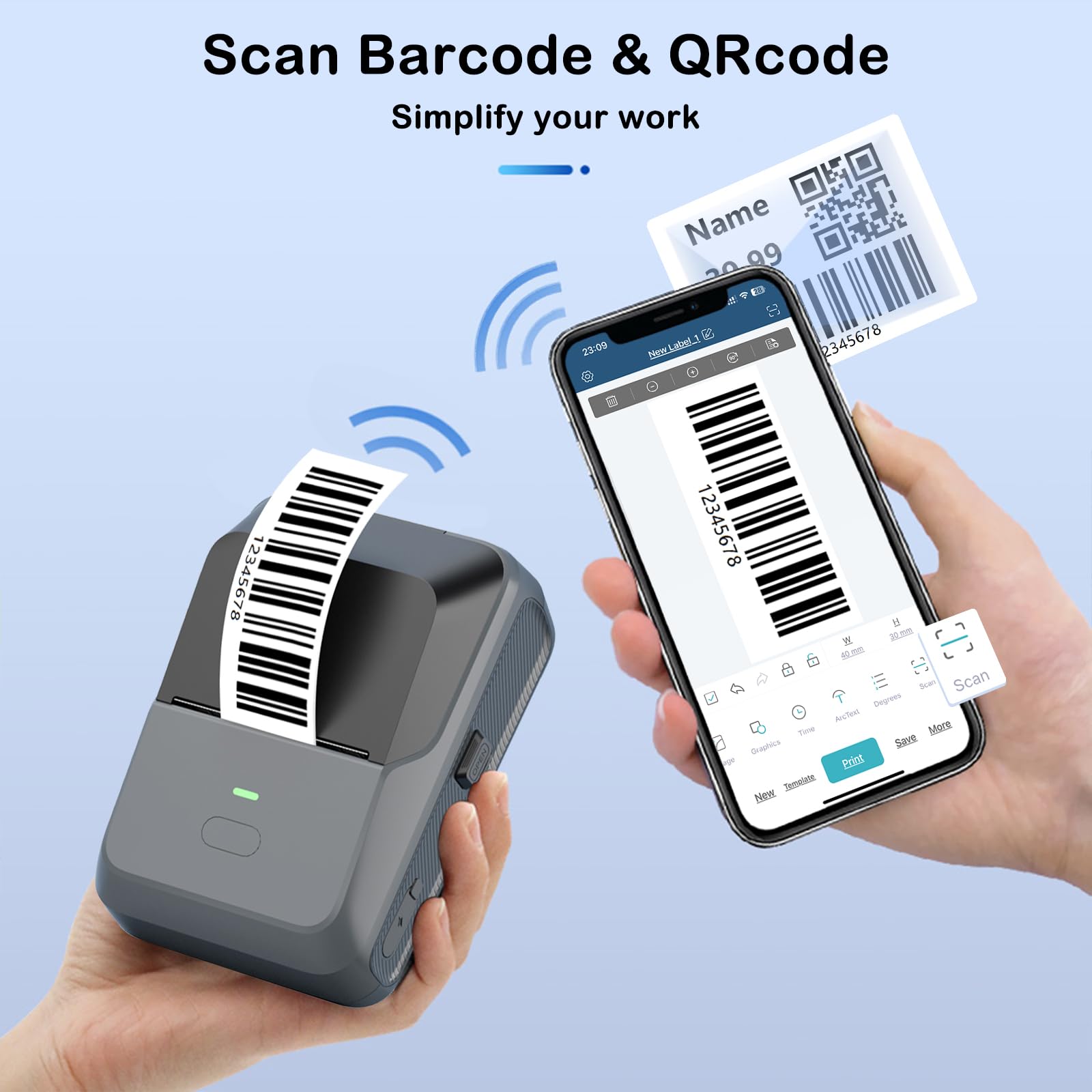 Portable Bluetooth Label Maker for Small Business - Auto Scan Thermal Barcode Printer with 50x30mm Tape & 300 Labels (Gray) - Ideal for Shipping, Office, Home & Inventory Organization
