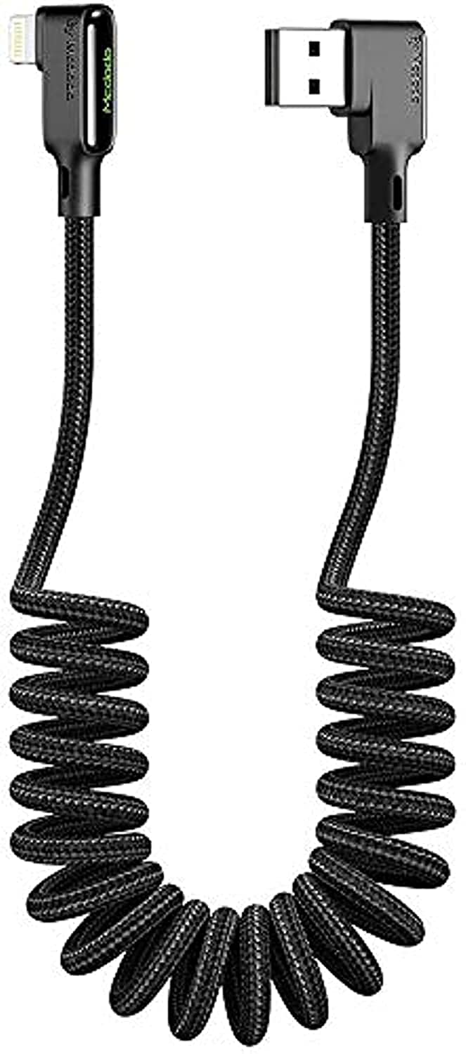 Mcdodo Anti-Winding 90° Right Angle Coiled USB Cable - 6FT/1.8M Nylon Braided Sync & Charge Cord with LED for iPhone 14/13/12/11 Pro Max (Black) - Perfect for Gaming, Travel & Tangle-Free Charging