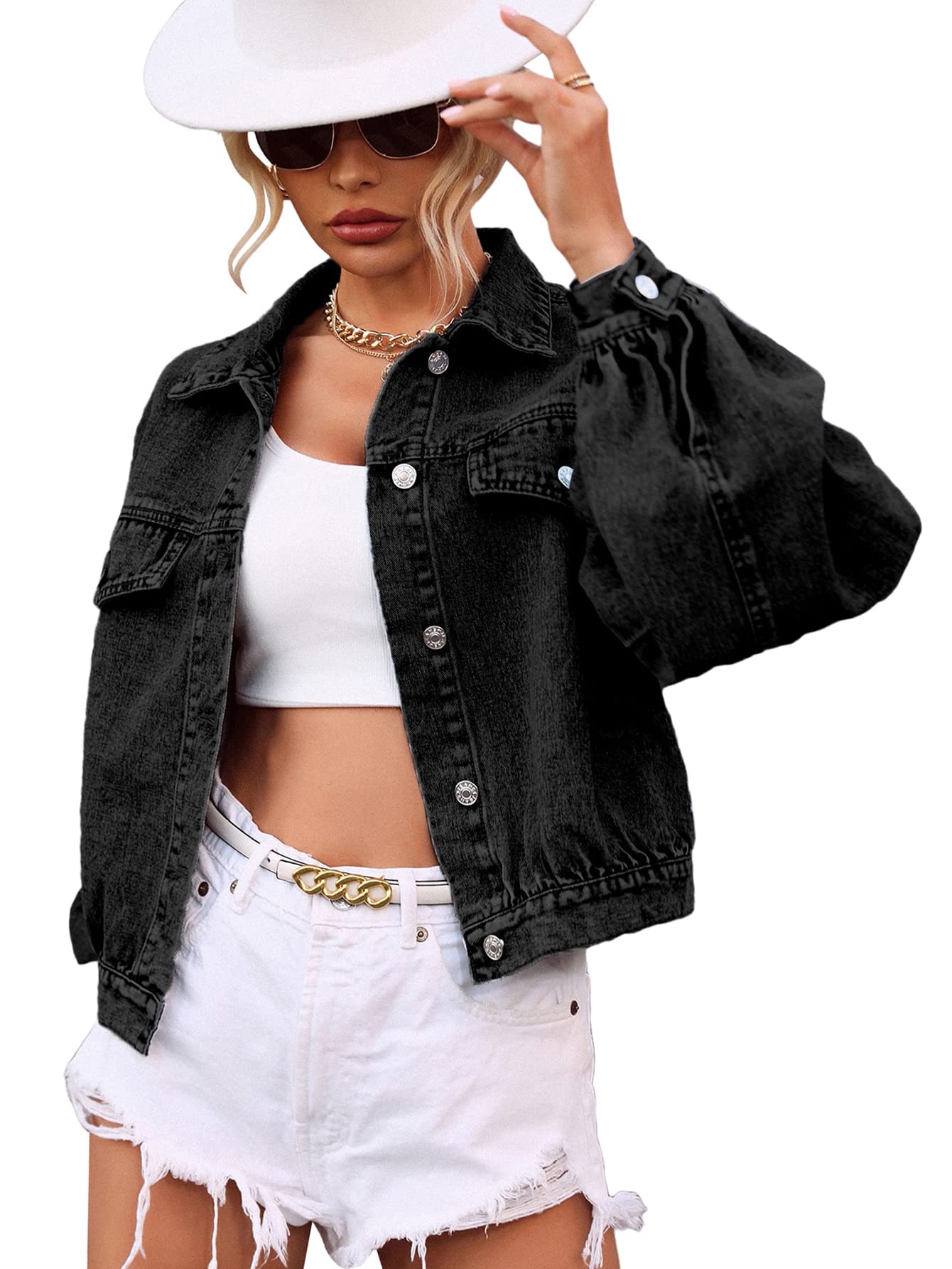 Stylish Women's Denim Jacket with Lantern Sleeves & Button Down Design - Casual Jean Jacket for Everyday Wear | Perfect for Spring Outfits, Date Nights & Weekend Brunch