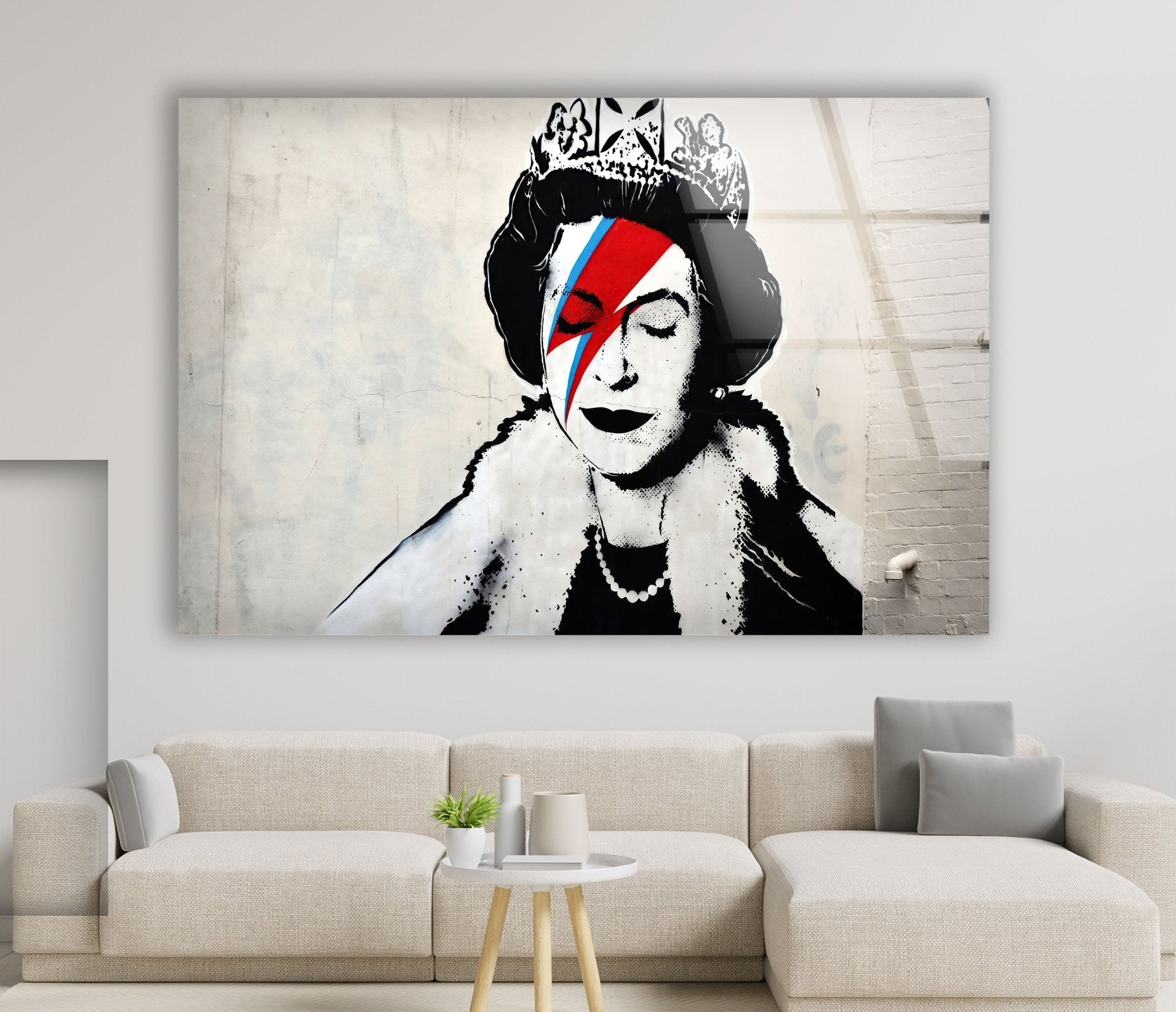 Banksy Queen Elizabeth Glass Wall Art - Modern Home Decor for Living Room, Office & Gifts | Unique Street Art-Inspired Glass Print