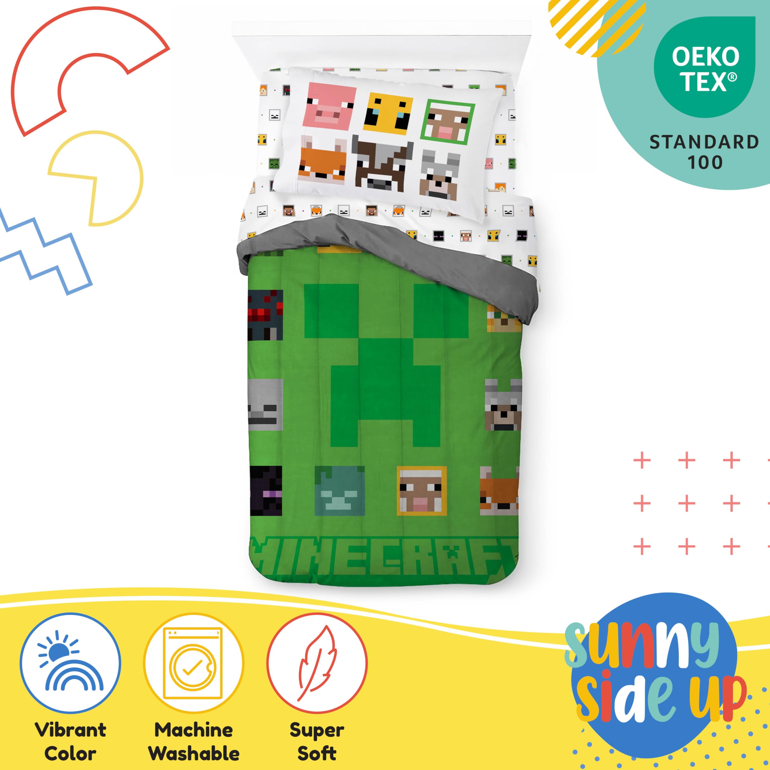 **Sunny Side Up Minecraft Twin Comforter Set - 5-Piece Kids Bedding with Comforter, Sheets & Pillowcase - Ultra Soft Microfiber Gamer Bed Set for Boys & Girls - Perfect for Bedrooms, Sleepovers & Gaming Rooms**