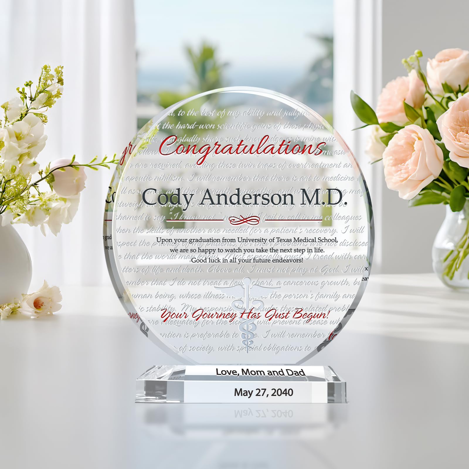 Personalized Crystal Hippocratic Oath Plaque - Custom Medical School Graduation Gift for Doctors (8 Inch) - Engraved with Name - Perfect for Son, Daughter or Medical Professional - Office Decor, White Coat Ceremony, Residency Gift