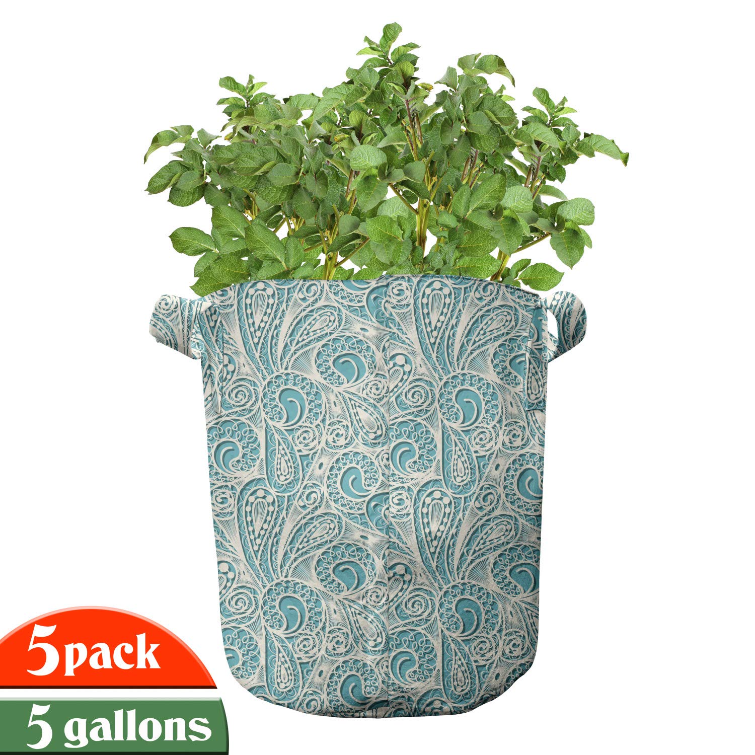 Ambesonne 5-Pack 5 Gallon Teal Grow Bags with Handles - Heavy Duty Fabric Plant Pots, Romantic Lace Pattern in Teal & Beige - Ideal for Indoor/Outdoor Gardening, Vegetables, Flowers & Herbs