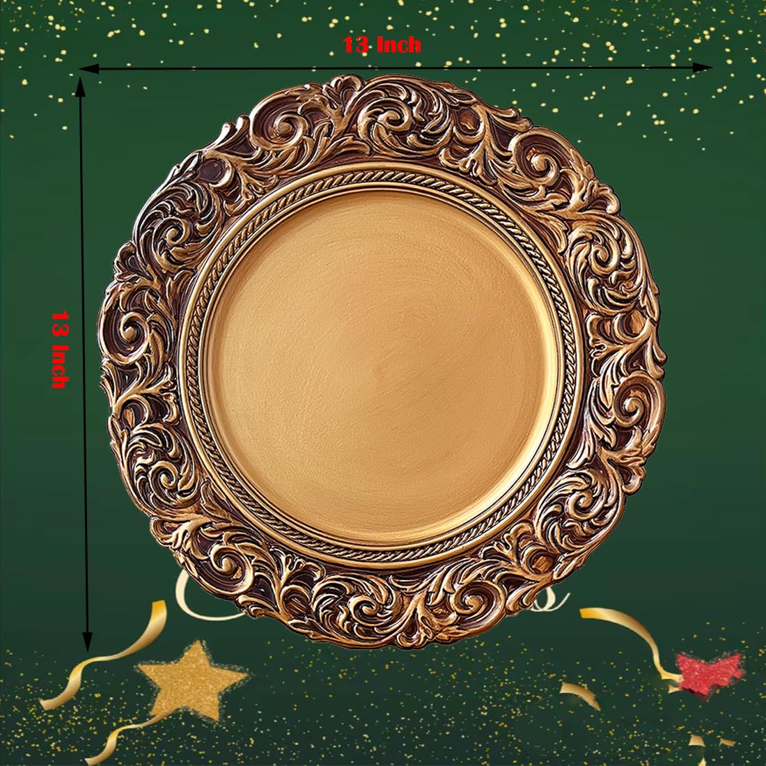 Antique Gold Charger Plates Set of 6 - 13 Inch Round Plastic Embossed Dinner Plate Chargers for Wedding, Party & Elegant Table Decor - Perfect for Formal Dining, Holiday Celebrations & Special Events