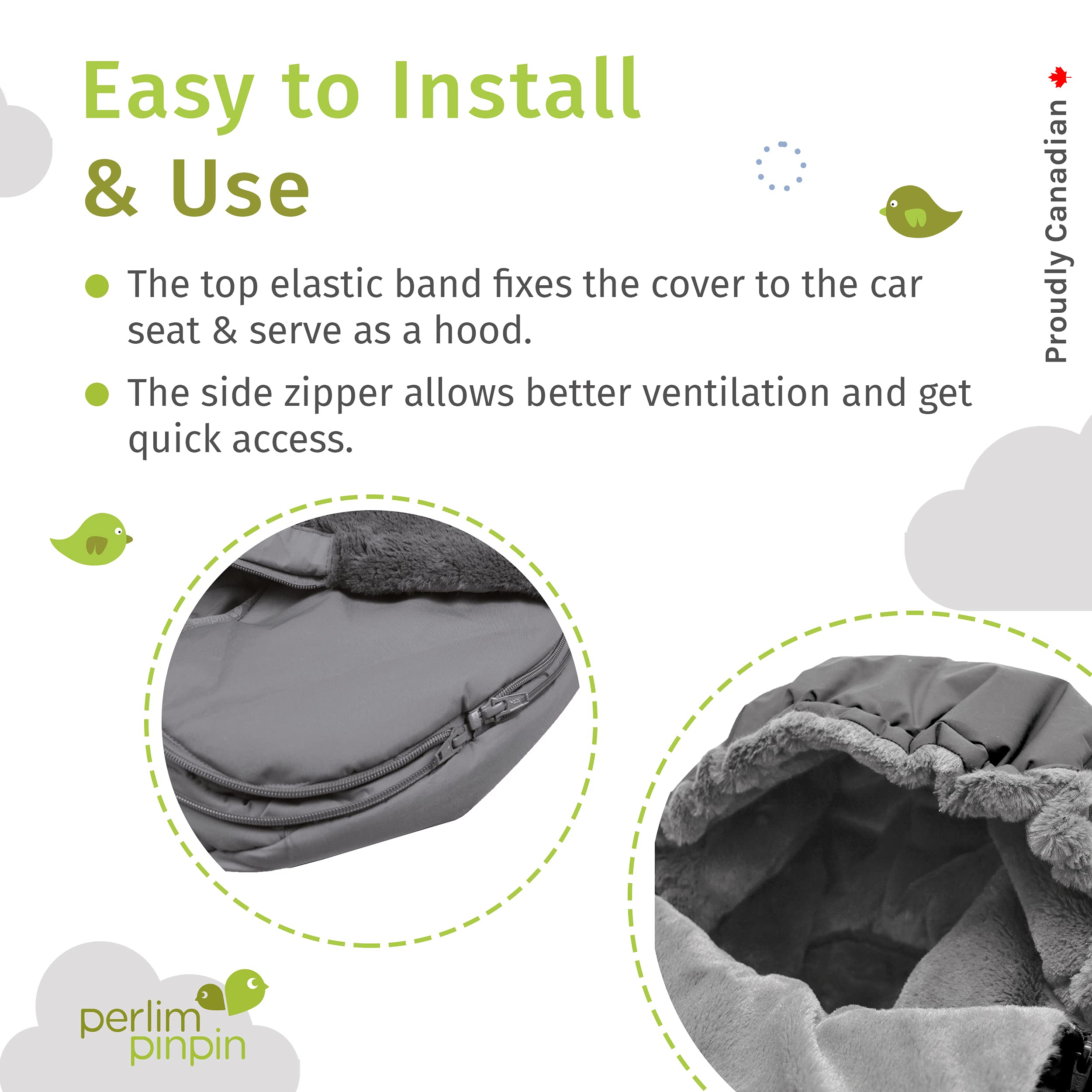 Perlimpinpin Baby Car Seat Cover - Soft Grey Winter Outerwear for Infants & Toddlers - Warm & Cozy Protection for Strollers, Shopping Carts & Car Seats