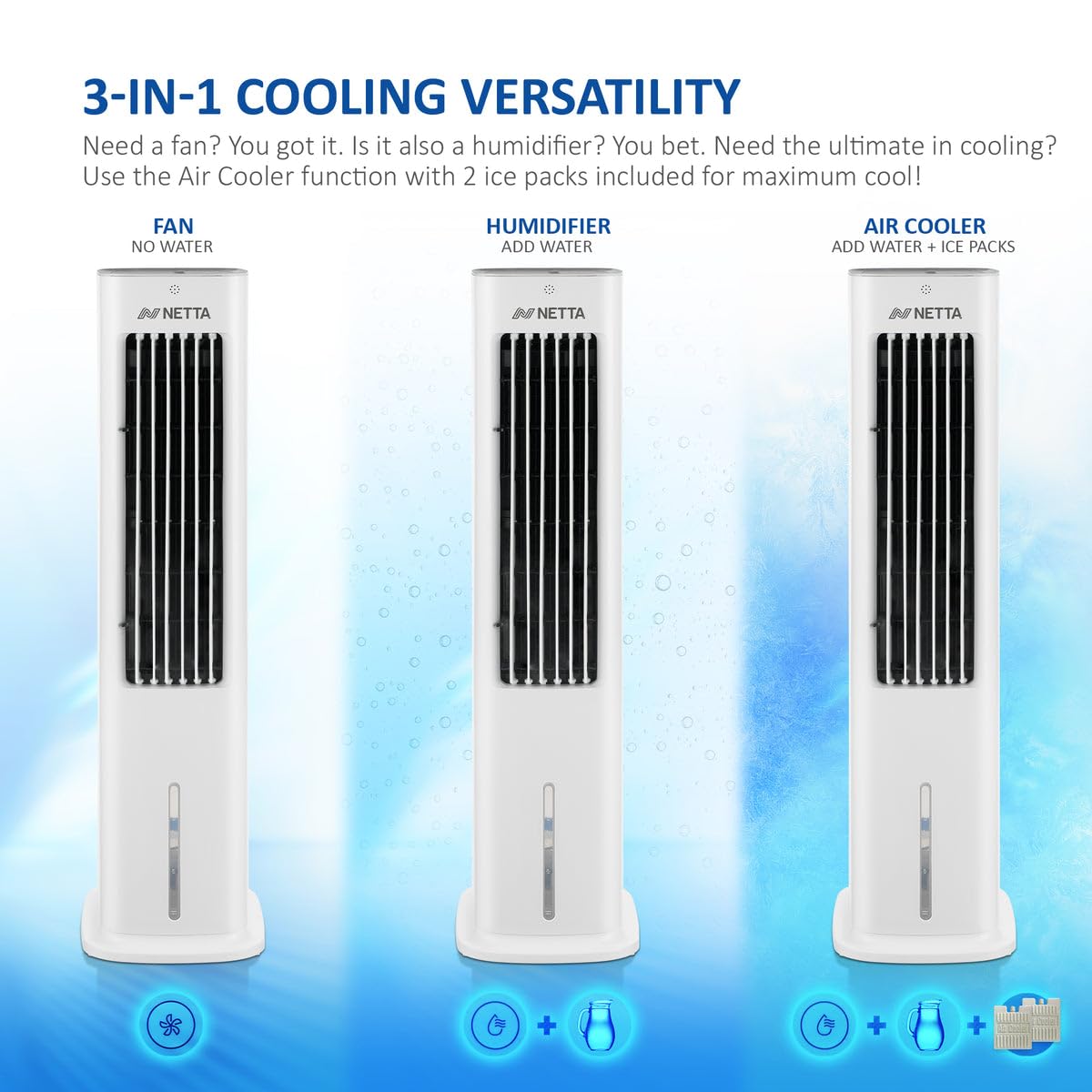 NETTA 5L Portable Air Cooler with Remote Control - 3 Fan Speeds, 3 Modes & Humidifier | High Power Evaporative Cooling for Home, Office & Bedroom | Includes 2 Ice Packs & Auto Oscillation (55W) - Perfect for Summer, Indoor Use & Personal Cooling