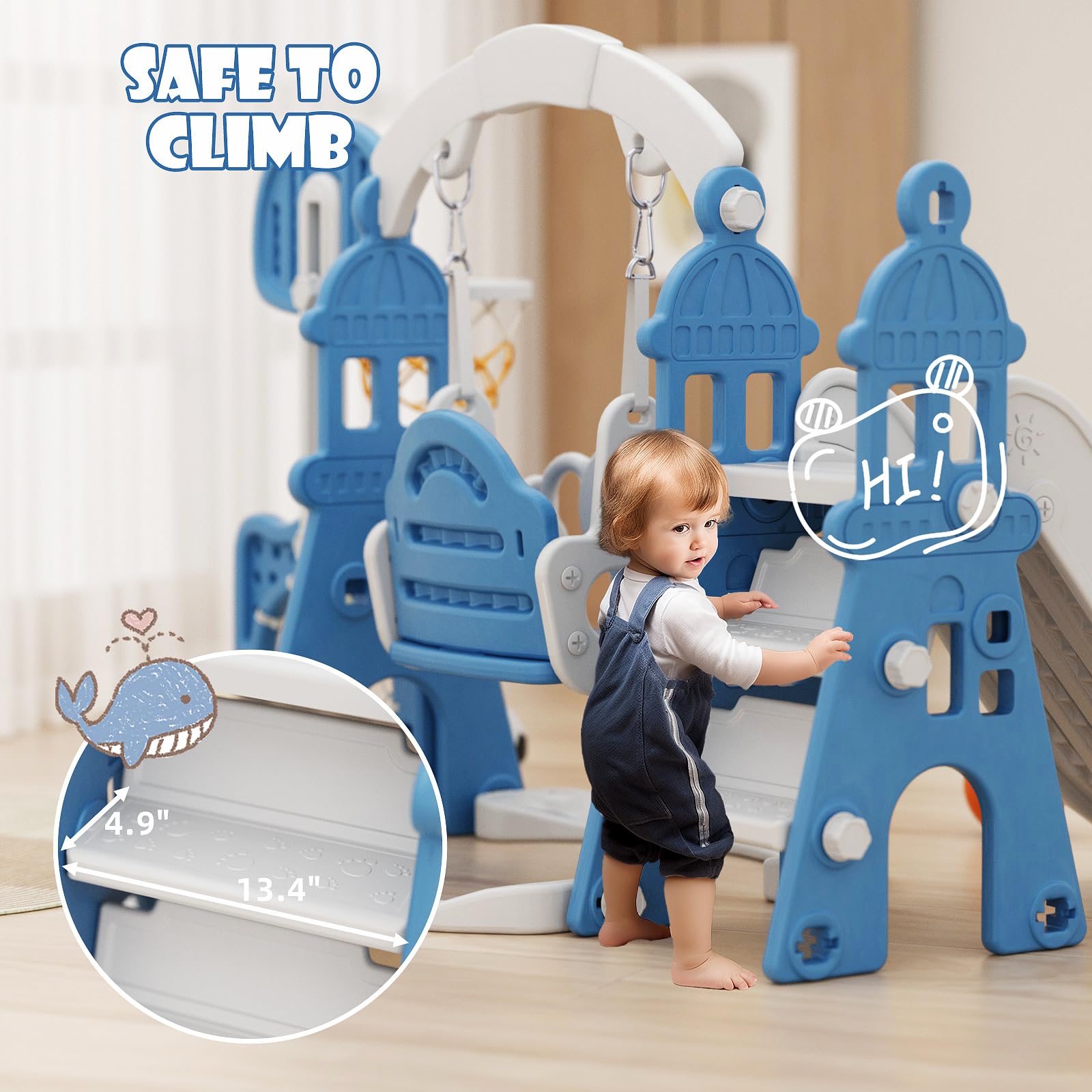 XJD 6-in-1 Toddler Slide and Swing Set for Kids Ages 1-3 - Outdoor Indoor Playground with Basketball Hoop, Football Frame & Swing - Blue | Perfect for Backyard, Garden, Nursery & Daycare Play Areas