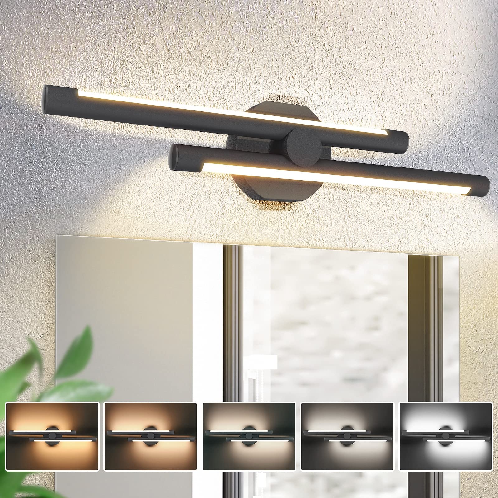 NIORSUN 23.62 Inch Dimmable LED Bathroom Vanity Light - 5 Color Temperature Adjustable, 1000LM, 15W, Black Modern Wall Fixture for Mirror Lighting | Perfect for Bathroom, Powder Room & Dressing Area Makeup Lighting