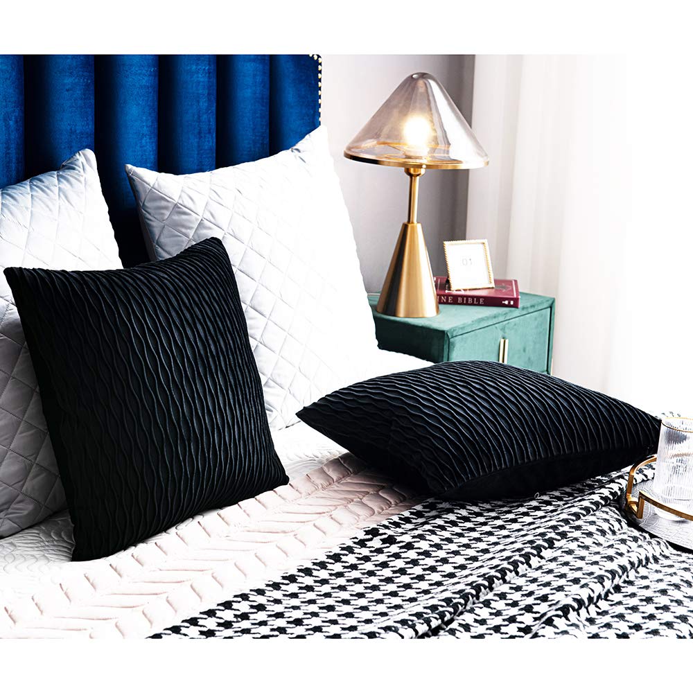 DEZENE Black Striped Velvet Pillow Covers - 2 Pack 20x20 Inch Square Throw Pillow Cases for Sofa, Couch, Bed - Farmhouse & Boho Home Decor for Living Room, Bedroom