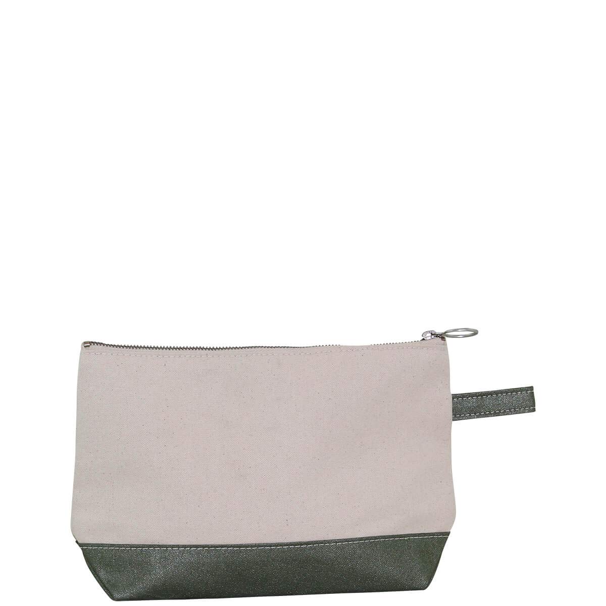 Personalized Eco-Friendly Cotton Canvas Makeup Bag for Cosmetics & Toiletries - 12 oz, Natural & Metallic Green | Perfect Travel Organizer for Women, Gym Essentials & Toiletry Storage