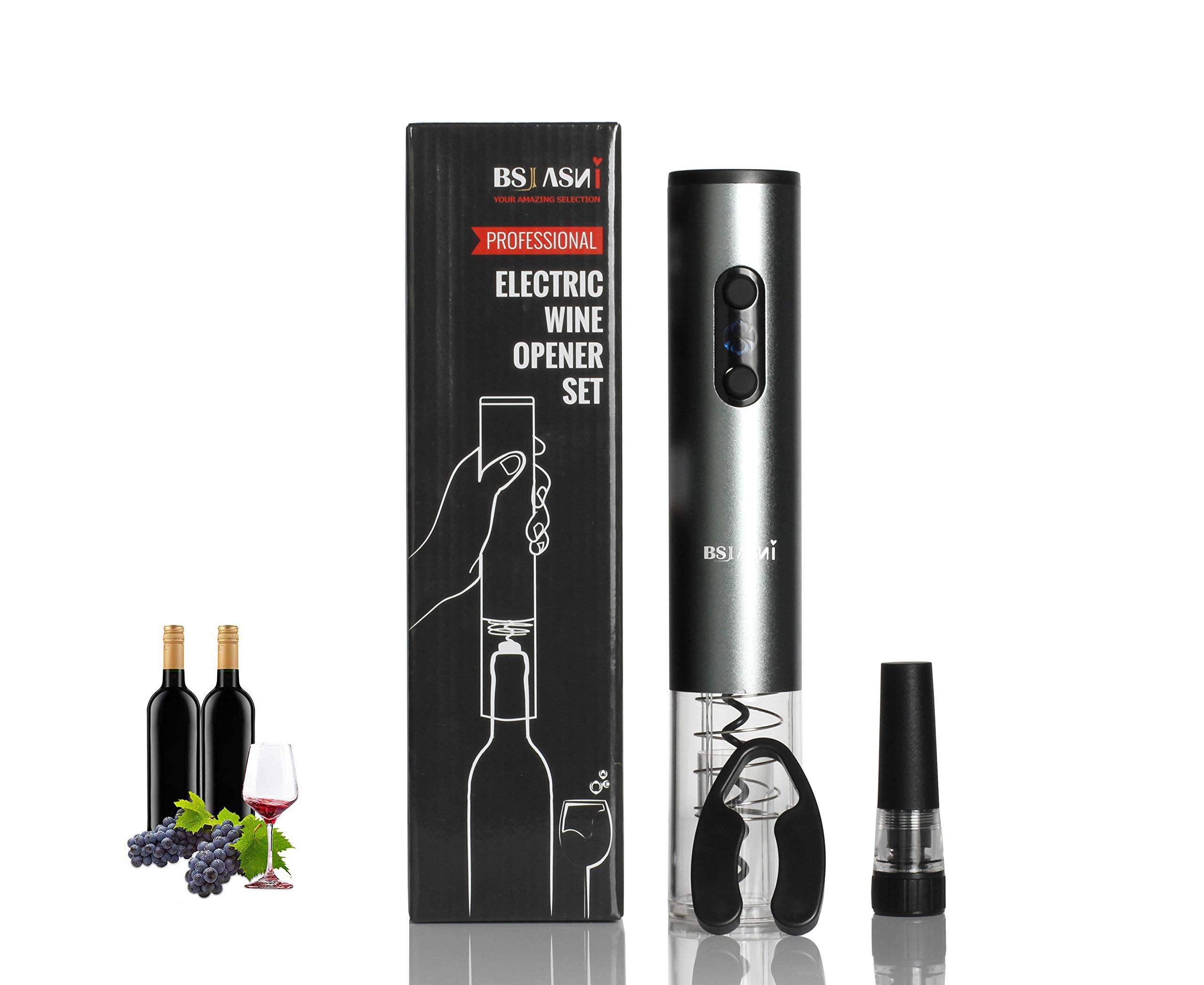 Automatic Cordless Electric Wine Bottle Opener Set - 3 in 1 Stainless Steel Corkscrew with Foil Cutter & Charger | Perfect Wine Accessories Gift for Holidays, Weddings & Dinner Parties (Silver)