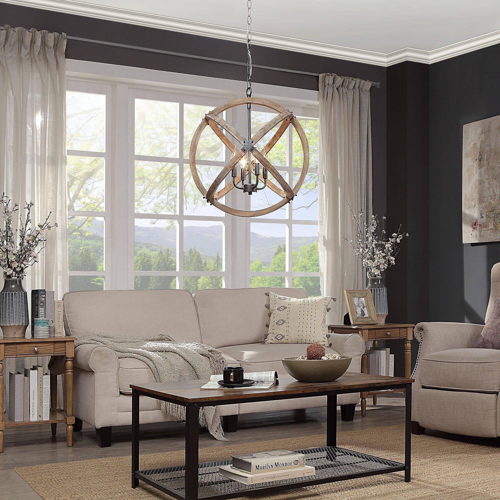 Rustic Farmhouse Chandelier - 4-Light Large Orb Pendant Light with Barn Wood & Metal Finish, 20