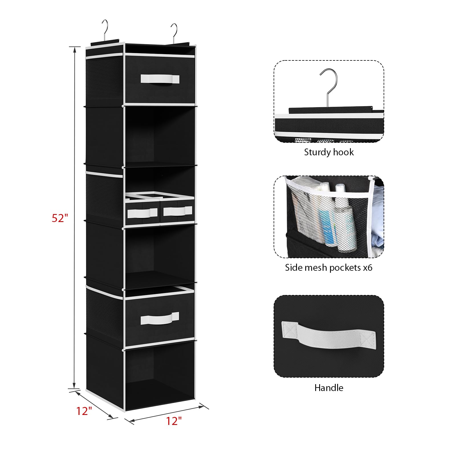 Univivi 6-Shelf Hanging Closet Organizer with 4 Removable Drawers & 6 Side Pockets - Foldable Wardrobe Storage Solution for Clothes, Shoes & Accessories | Perfect for Bedroom, Closet & Dorm Organization
