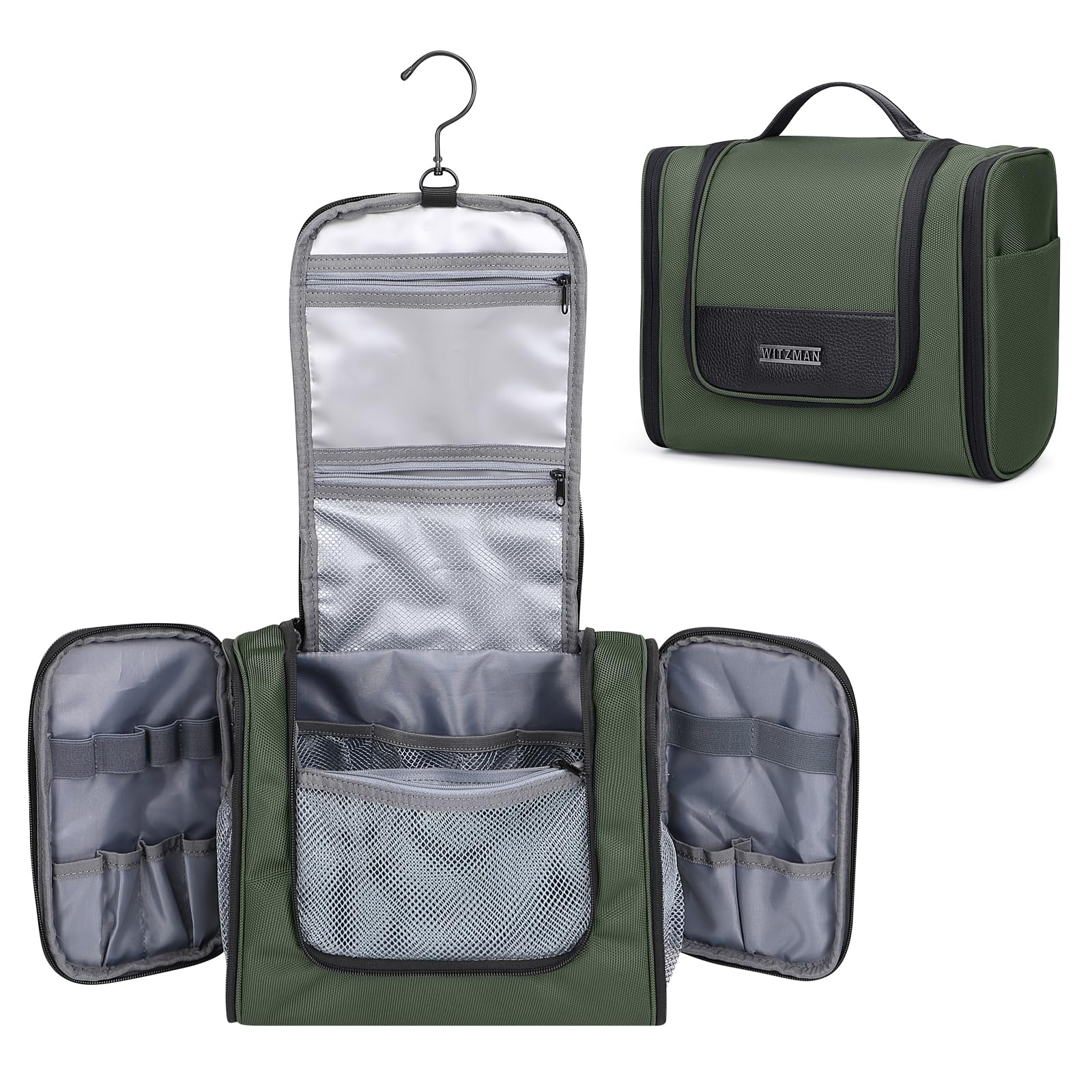WITZMAN Large Hanging Toiletry Bag for Men & Women - Water-resistant Travel Dopp Kit with Multiple Pockets - Perfect for Bathroom Organization, Gym, Camping & Business Trips (Army Green B690)