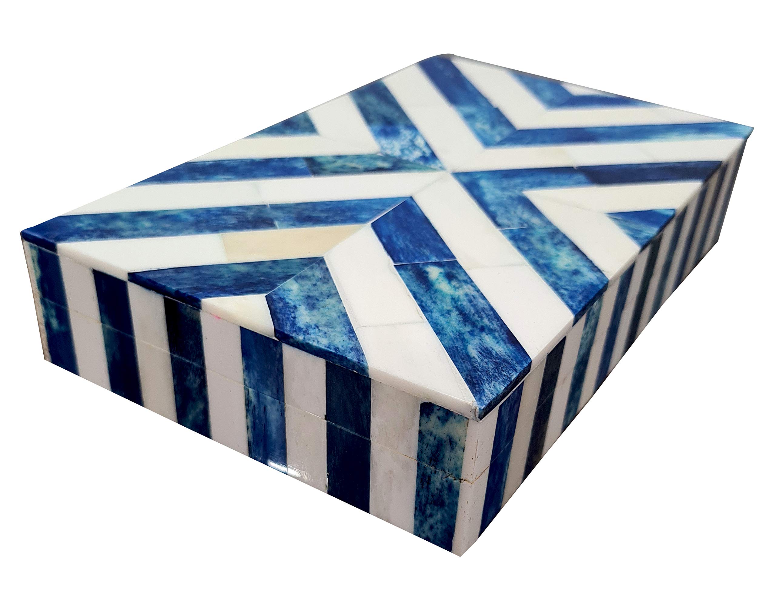 Handcrafted Blue & White Chevron Bone Inlay Jewelry Box - Decorative Keepsake Storage Organizer for Rings, Necklaces & Valuables | Perfect for Home Décor, Gift Giving & Travel Jewelry Case