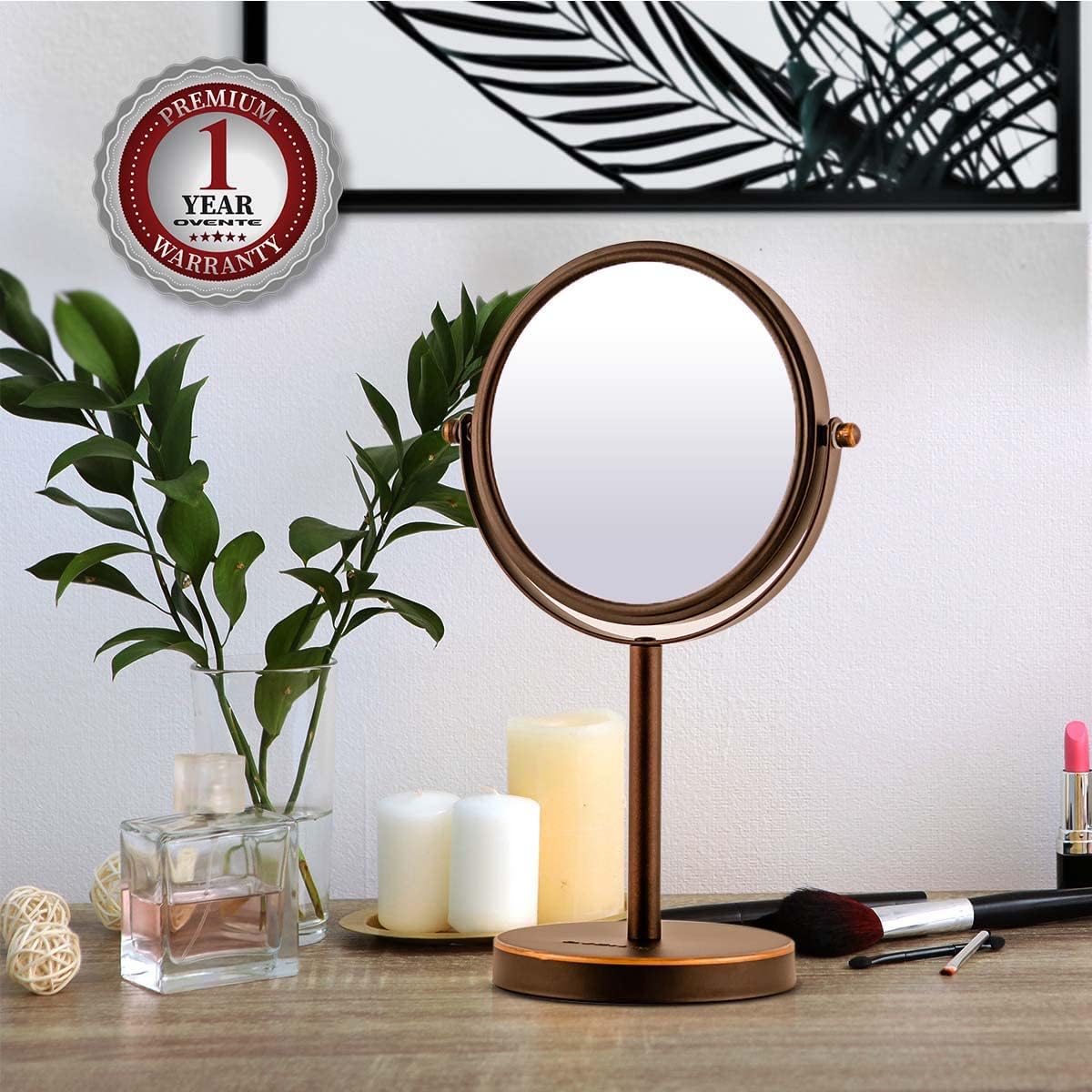 OVENTE 6-Inch Double-Sided Makeup Mirror with 1X & 7X Magnification, 360° Swivel Stand - Antique Bronze Vanity Mirror for Dresser, Bedroom & Office | Perfect for Makeup Application, Skincare Routine & Grooming